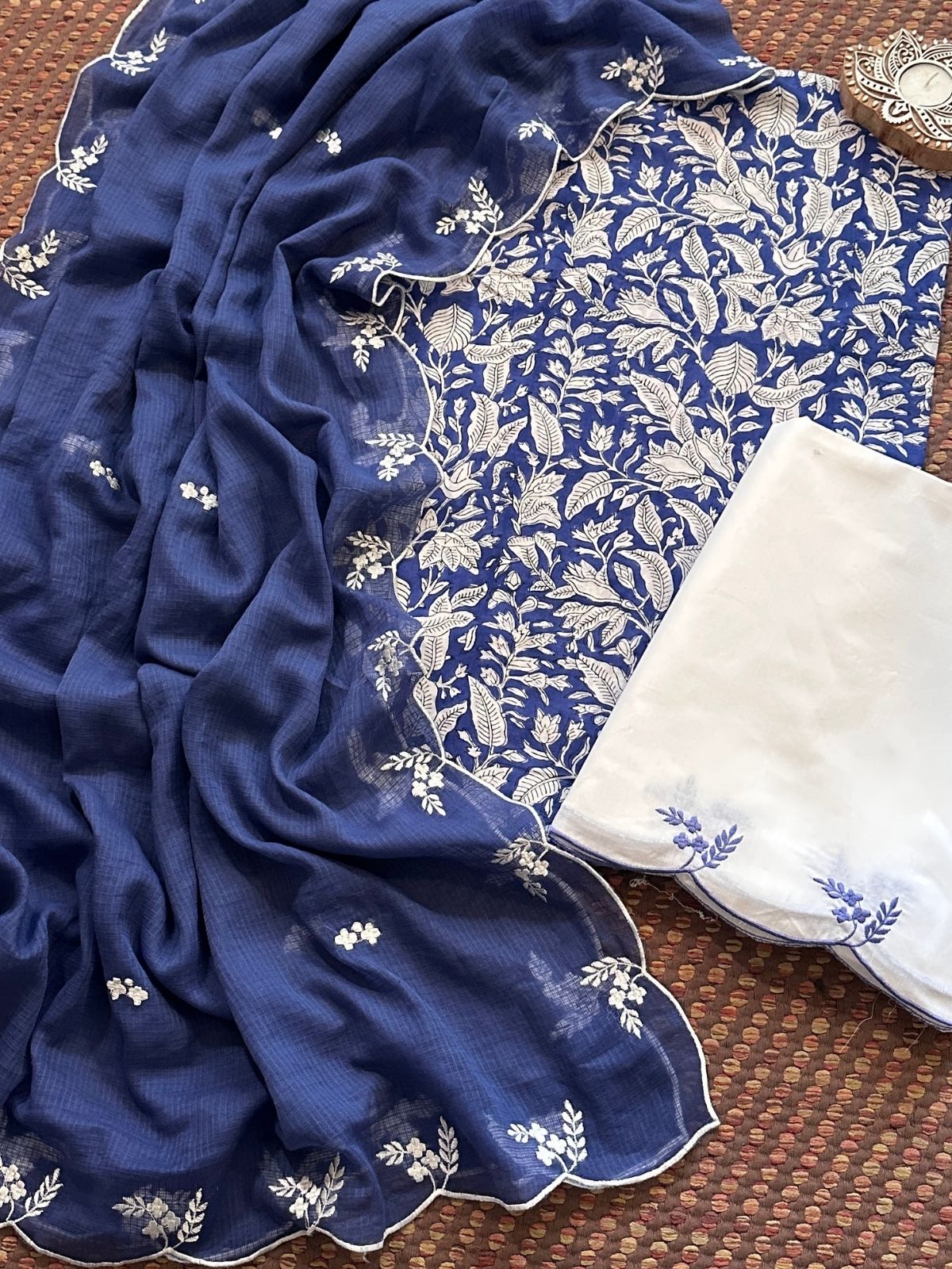 Pure Cotton Hand-block Fabric with Embroidered Bottom & Kota Doria Dupatta