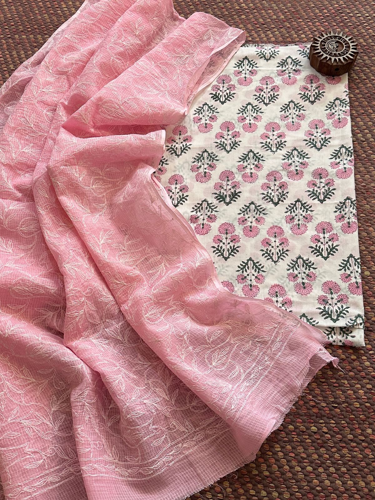Pure Cotton Hand Blocked Fabric with Chikankari Dupatta