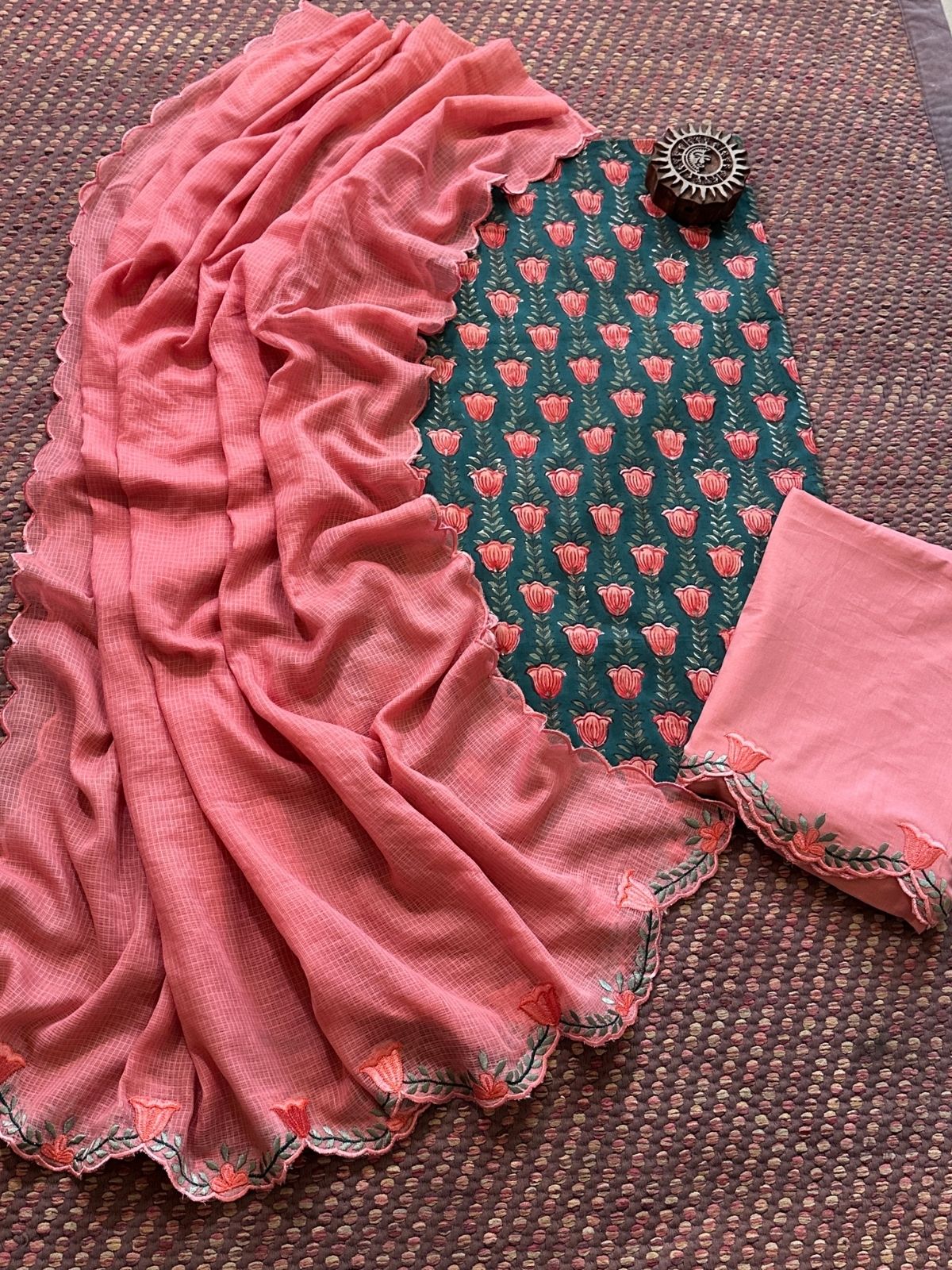 Pure Cotton Hand-block Fabric with Embroidered Bottom & Kota Doria Dupatta