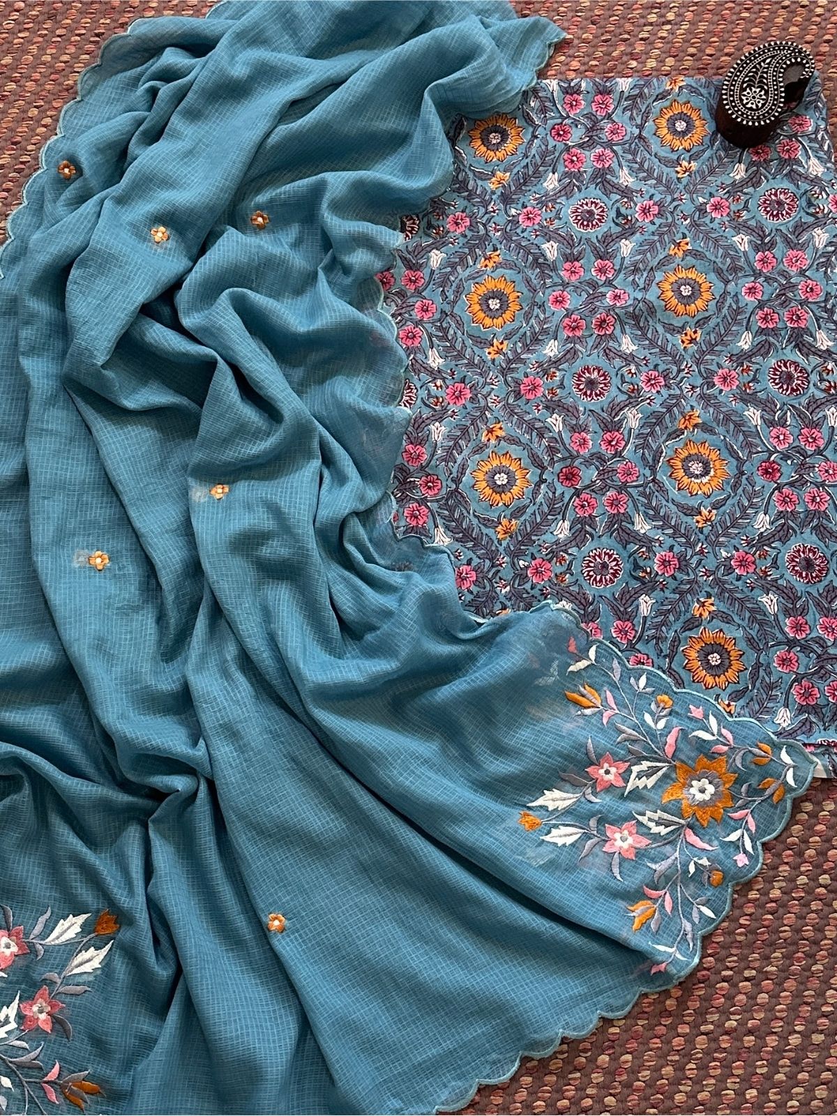 Pure Cotton Malmal Handblock Fabric with Exclusive Embroidered Dupatta