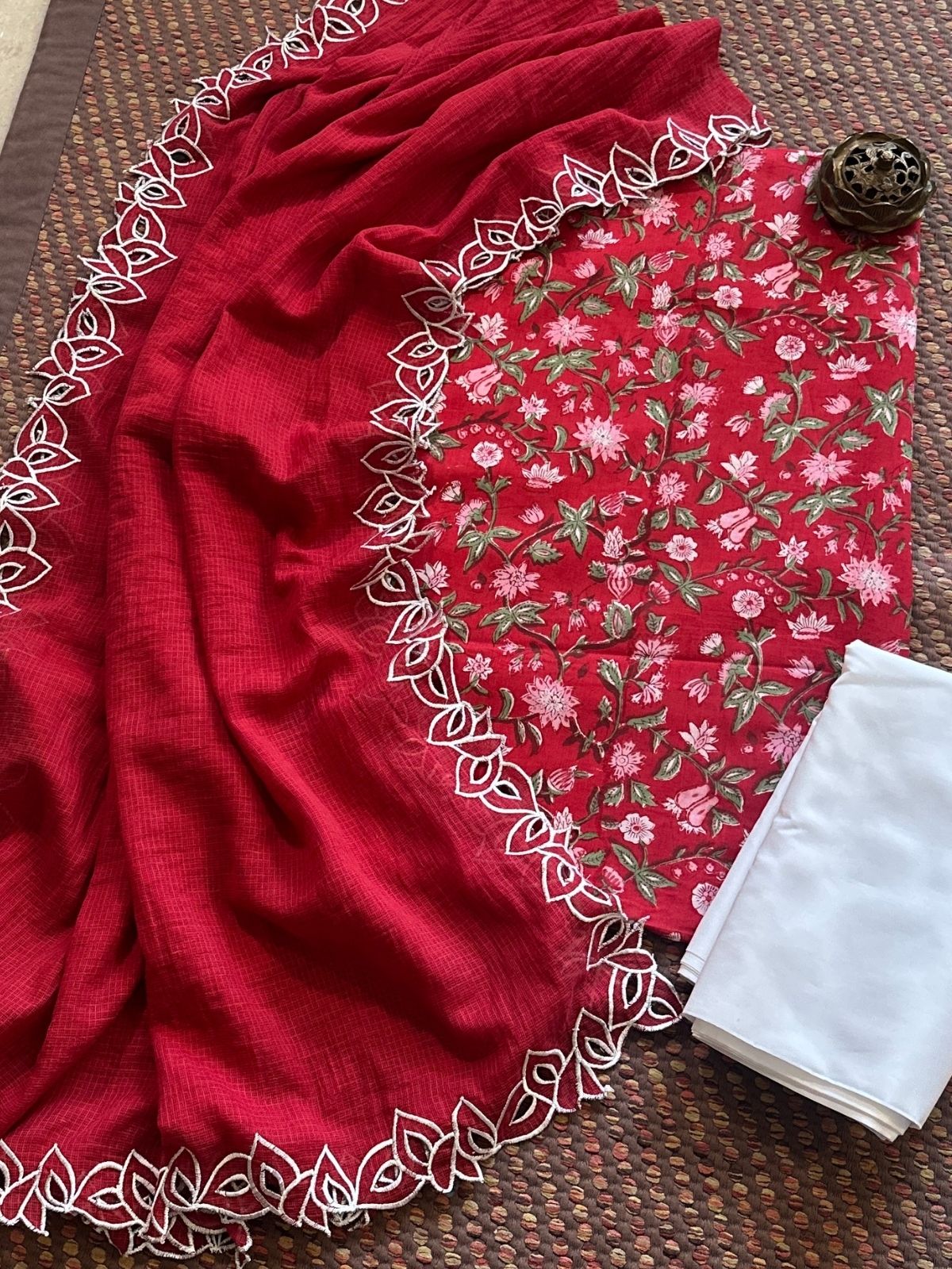 Pure Cotton Handblock Fabric  Set with Cutwork Embroidered Dupatta
