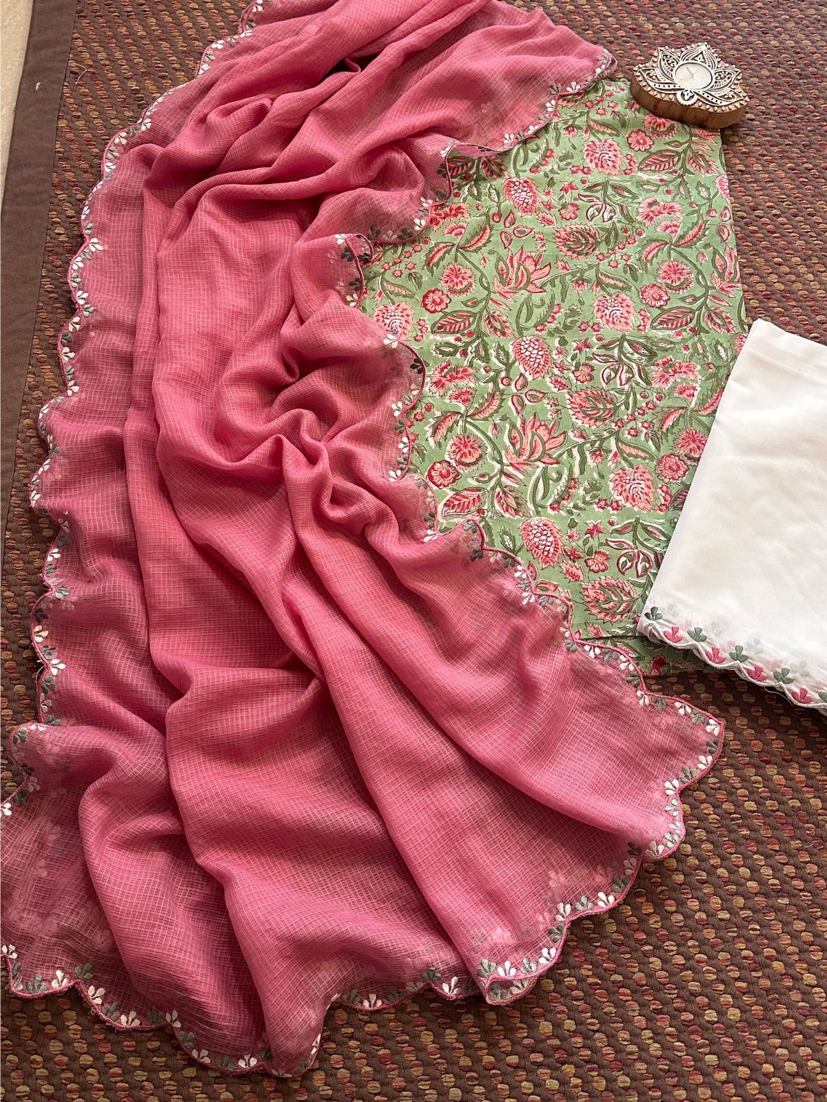 Pure Cotton Hand-block Fabric with Embroidered Bottom & Kota Doria Dupatta