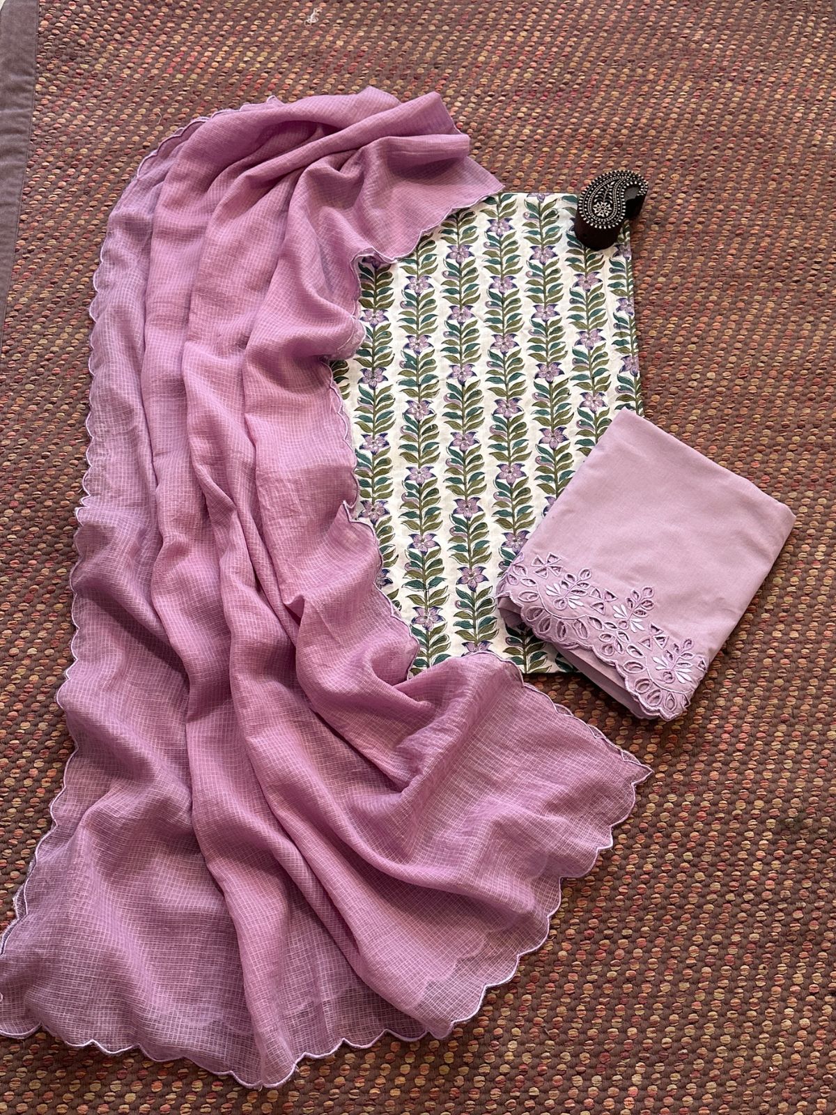Pure Cotton Hand-blocked Fabric with Cutwork Bottom & Kota Doria Dupatta