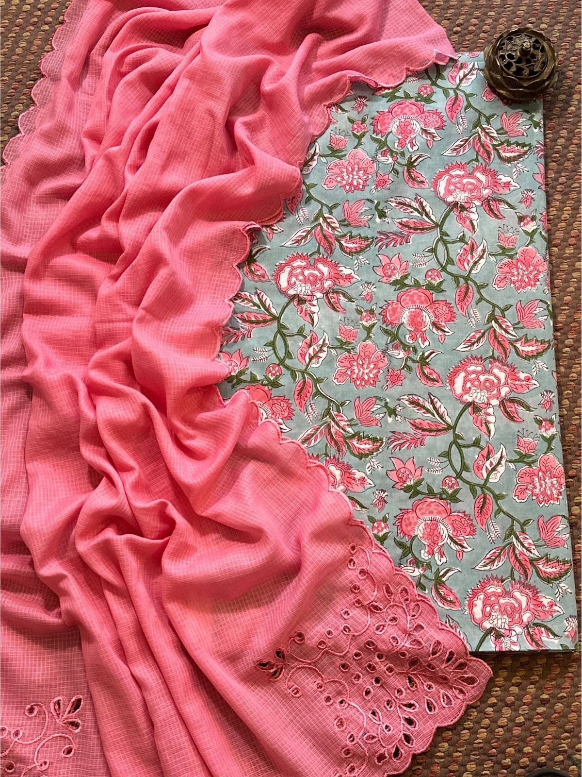 Pure Cotton Hand-blocked Fabric Set with Cutwork Kota Doria Dupatta