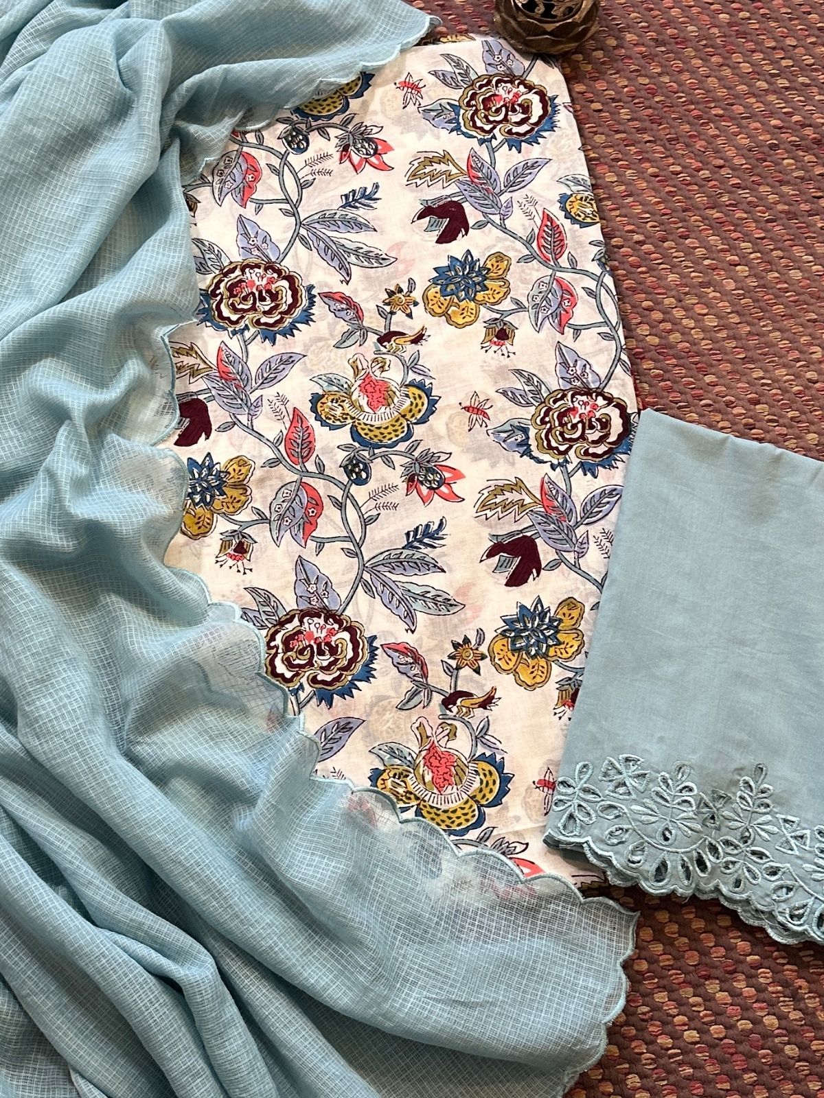 Pure Cotton Malmal Hand-blocked Fabric with Cutwork Bottom & Kota Doria Dupatta