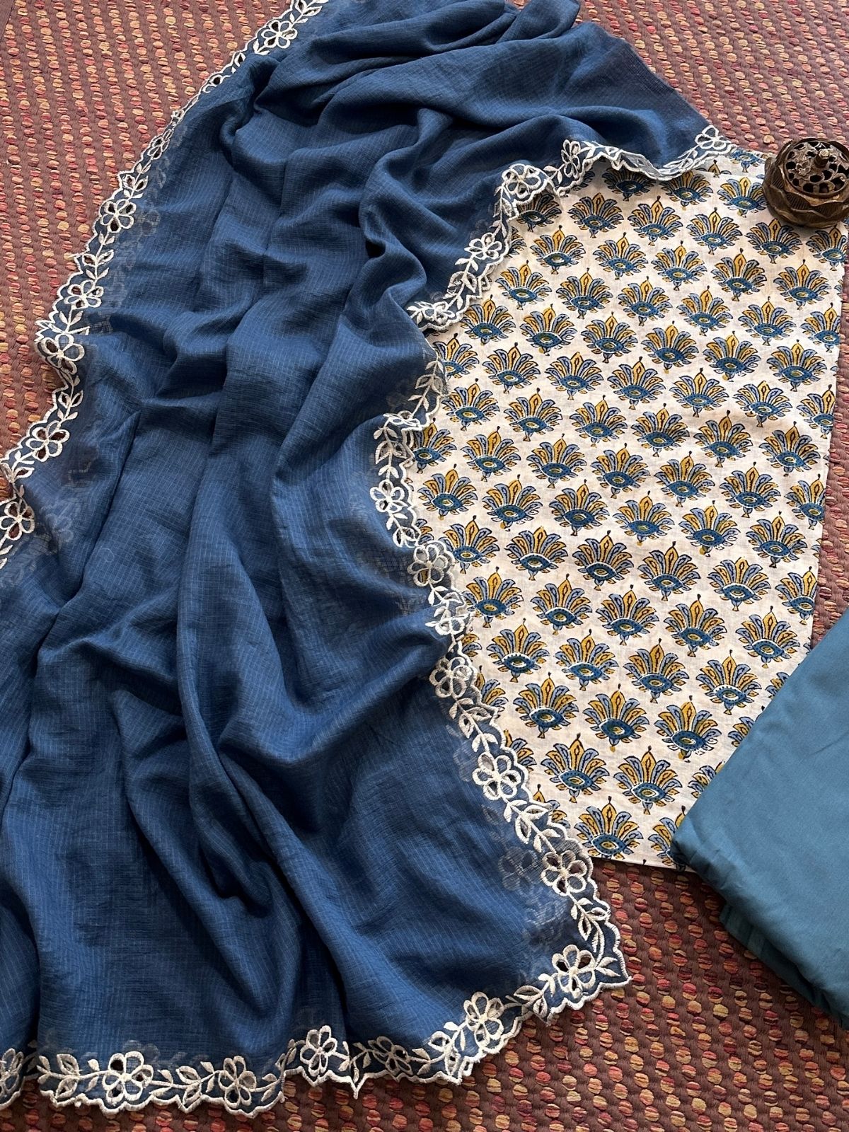 Pure Cotton Malmal Hand-block Fabric set with Cutwork Embroidered Kota Doria Dupatta