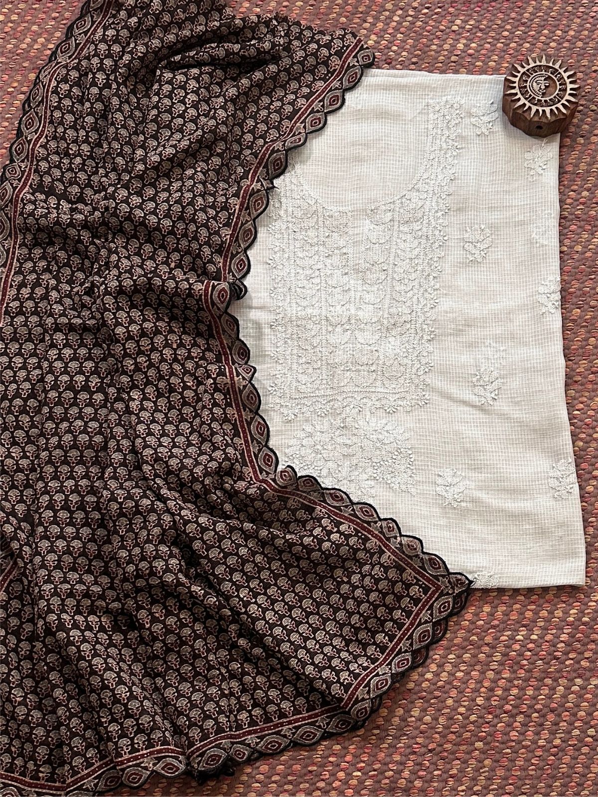 Chikankari Hand Embroidered Fabric with Ajrak Hadblocked Kota Dupatta