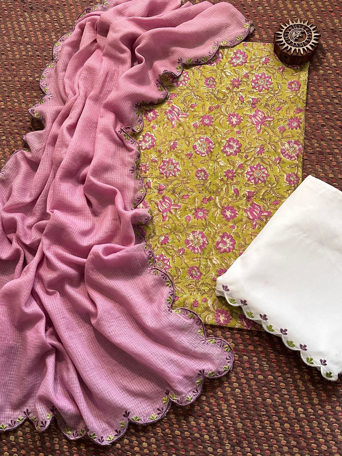 Pure Cotton Hand-block Fabric with Embroidered Bottom & Kota Doria Dupatta