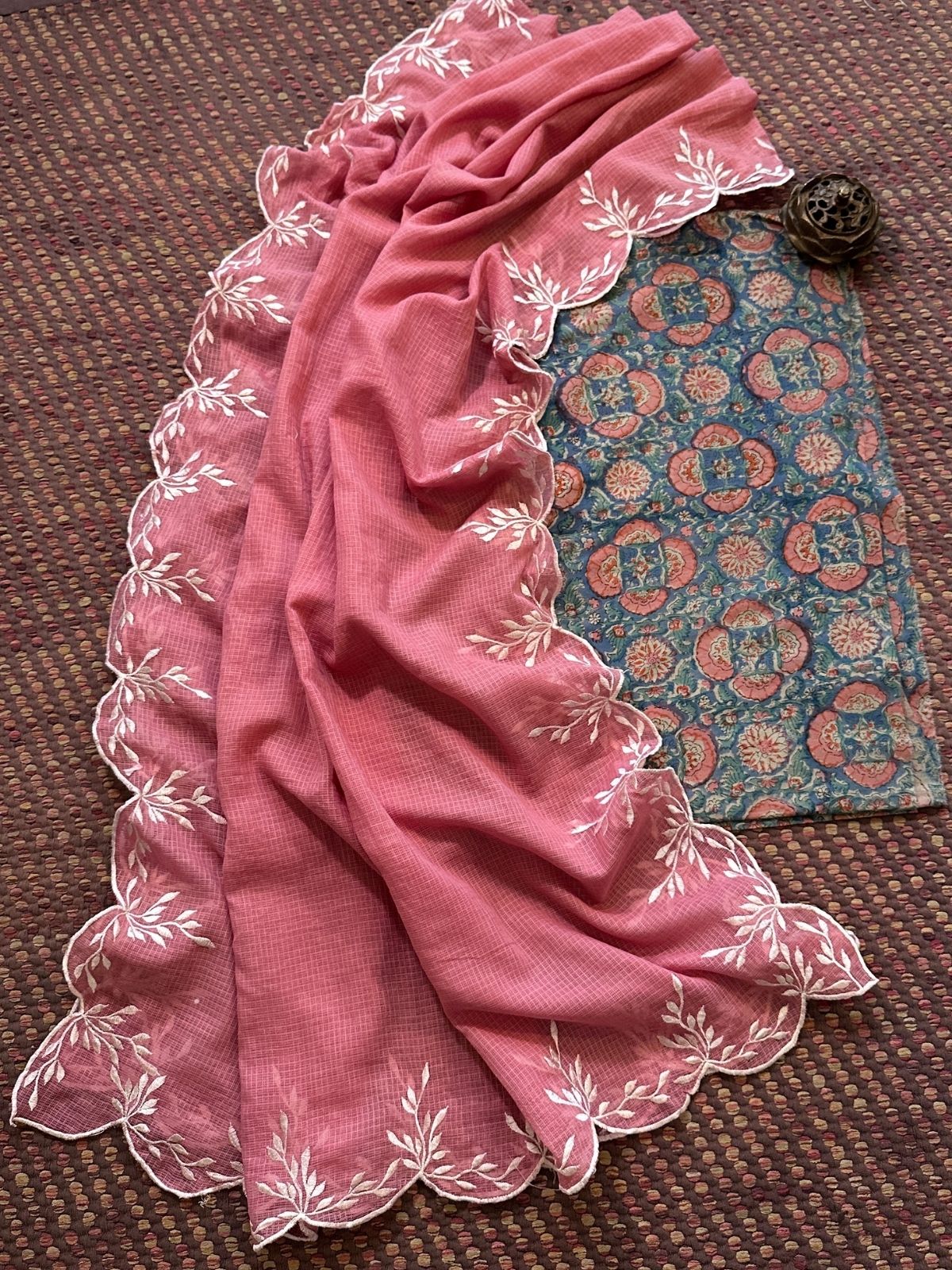 Pure Cotton Mul Hand-Block Fabric with Embroidered Dupatta