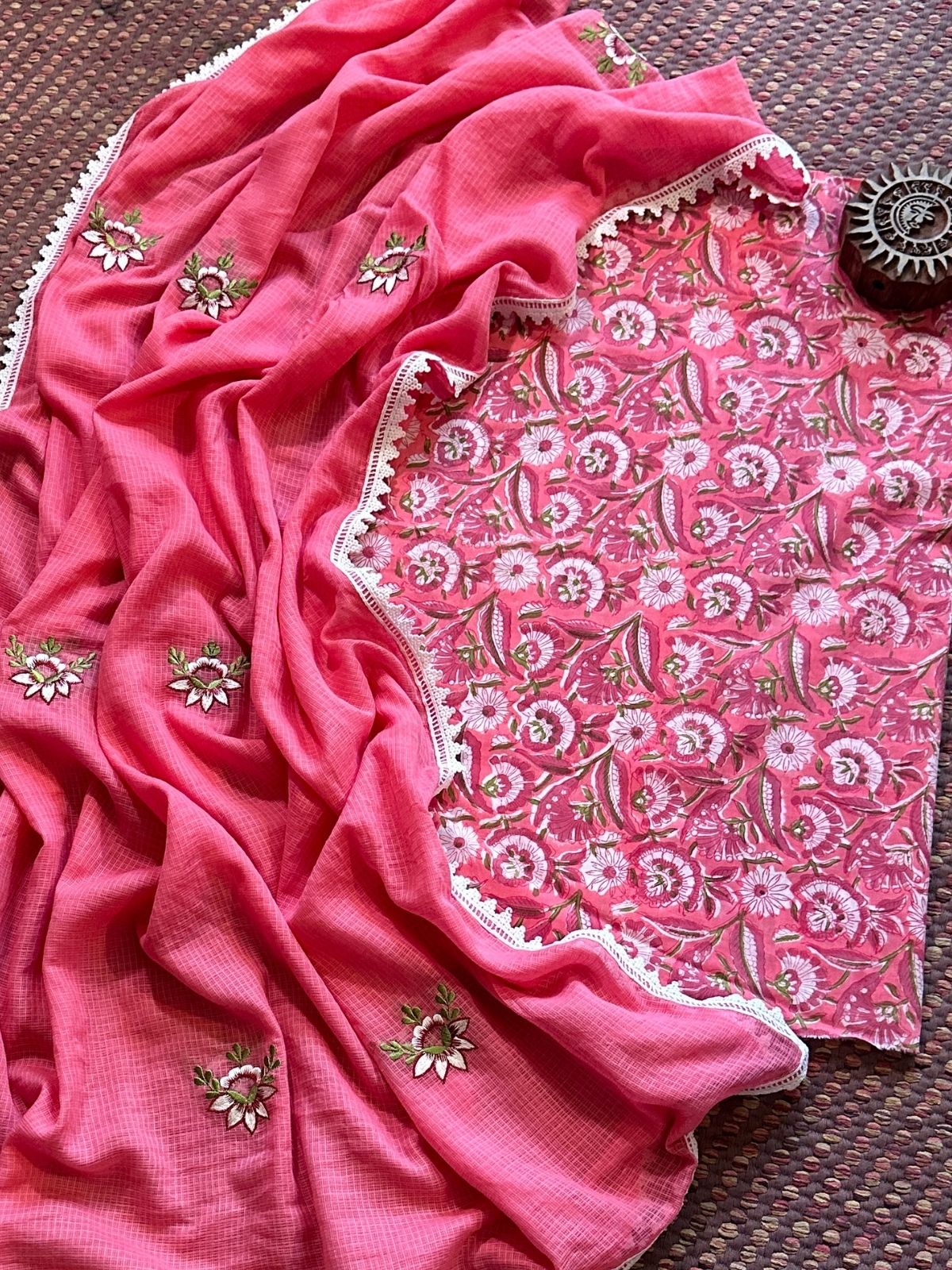 Pure Cotton Handblocked Fabric with Embroidered Kota Dupatta