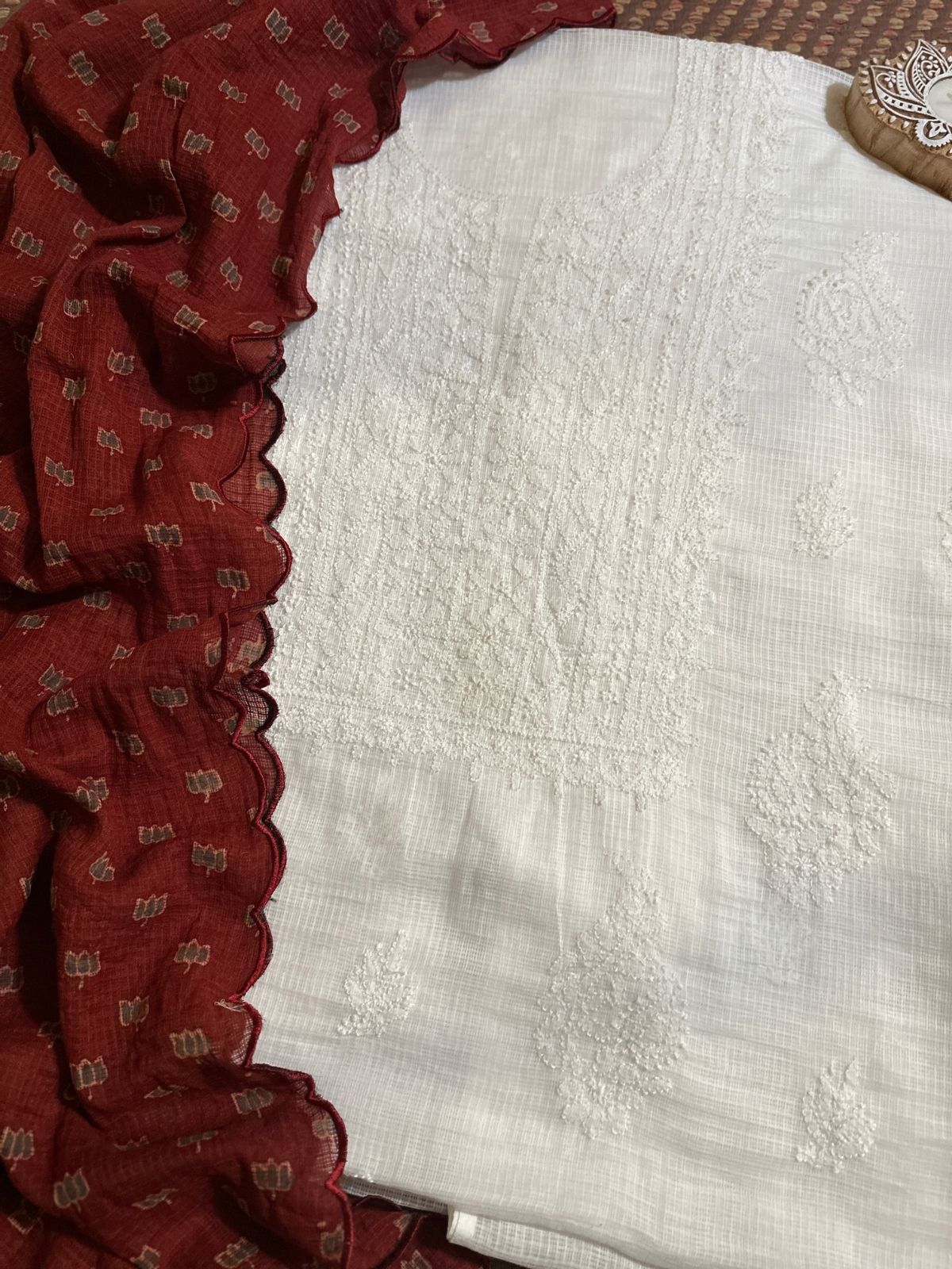 Chikankari Hand Embroidered Fabric with Ajrak Hadblocked Kota Dupatta