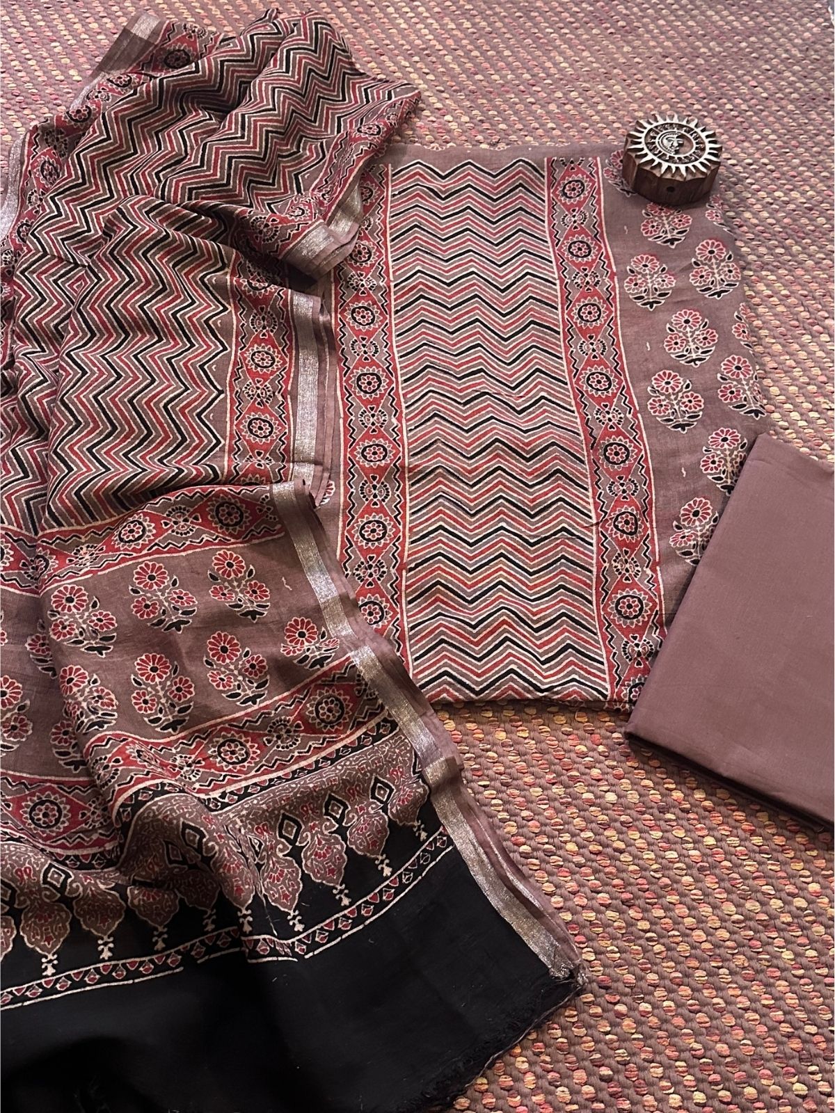 Linen Ajrakh Hand- Block Unstitched Set