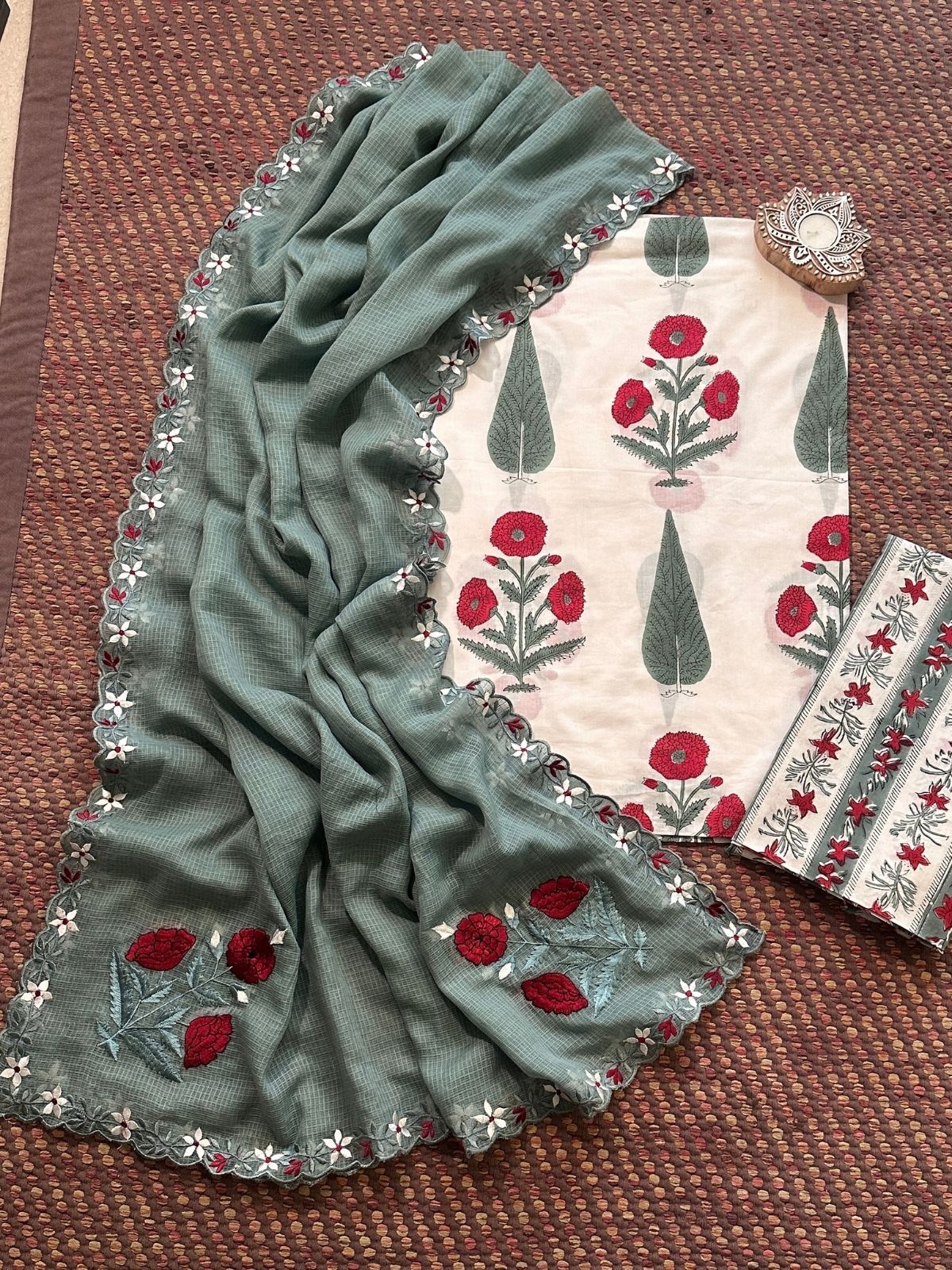 Pure Cotton  Hand blocked Set with Embroidered Dupatta
