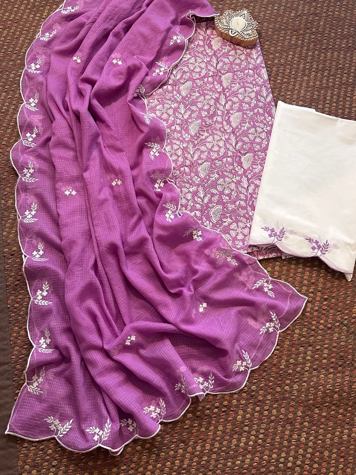 Pure Cotton Hand-block Fabric with Embroidered Bottom & Kota Doria Dupatta