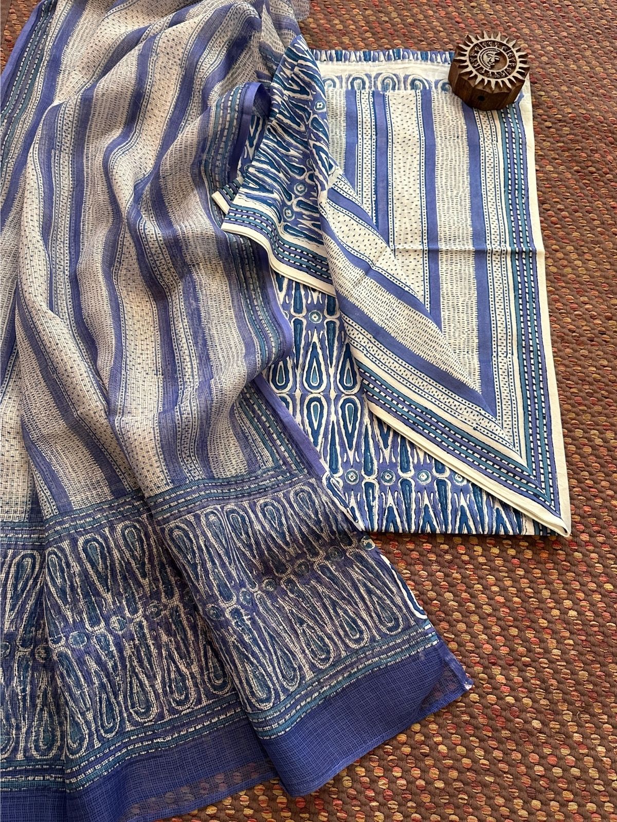 Pure Handblcoked Cotton Unstitched Set with Handblocked Kota Dupatta