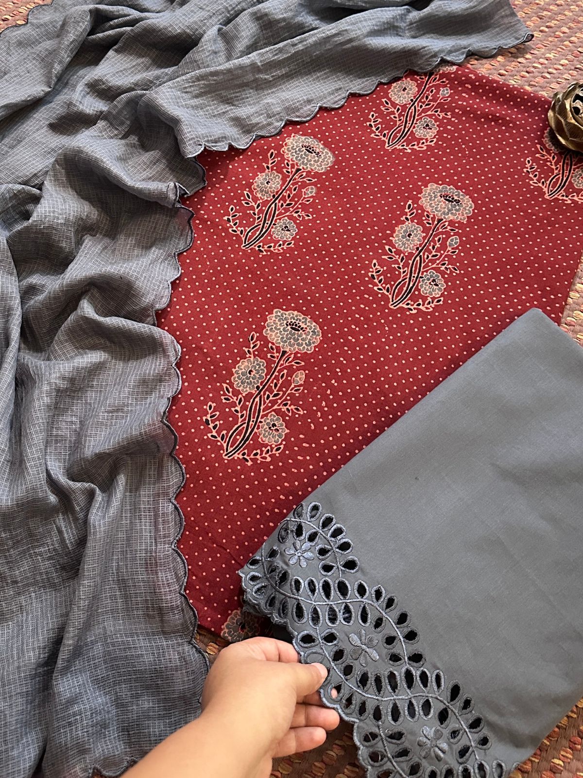 Pure Cotton Mul Ajrak with Scalloped Dupatta & Cutwork Bottom