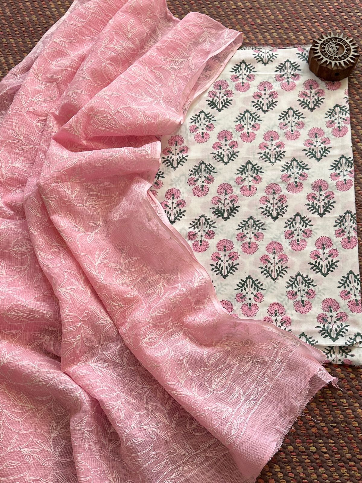 Pure Cotton Hand Blocked Fabric with Chikankari Dupatta