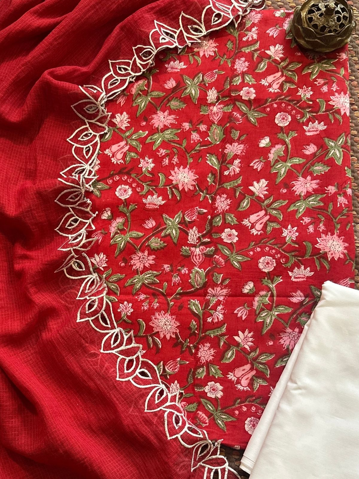 Pure Cotton Handblock Fabric  Set with Cutwork Embroidered Dupatta