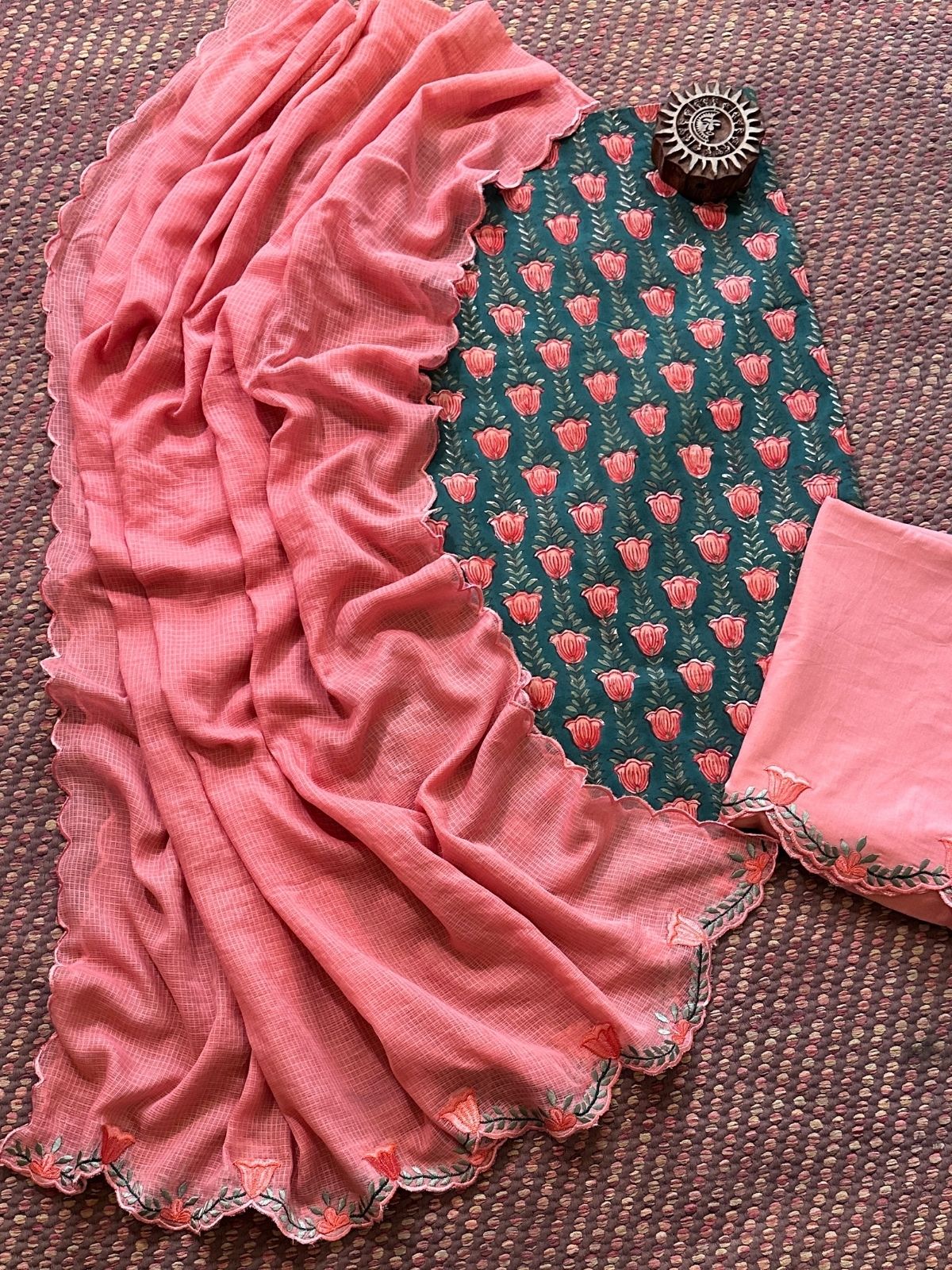 Pure Cotton Hand-block Fabric with Embroidered Bottom & Kota Doria Dupatta