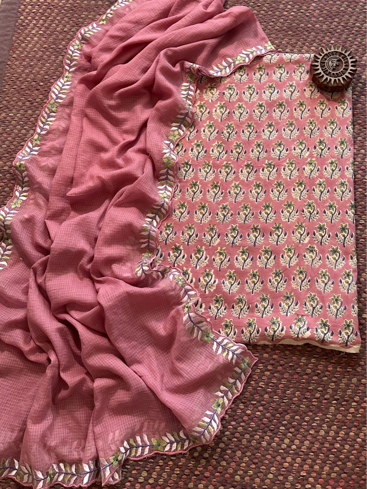 Pure Cotton Hand-blocked fabric with Embroidered Dupatta