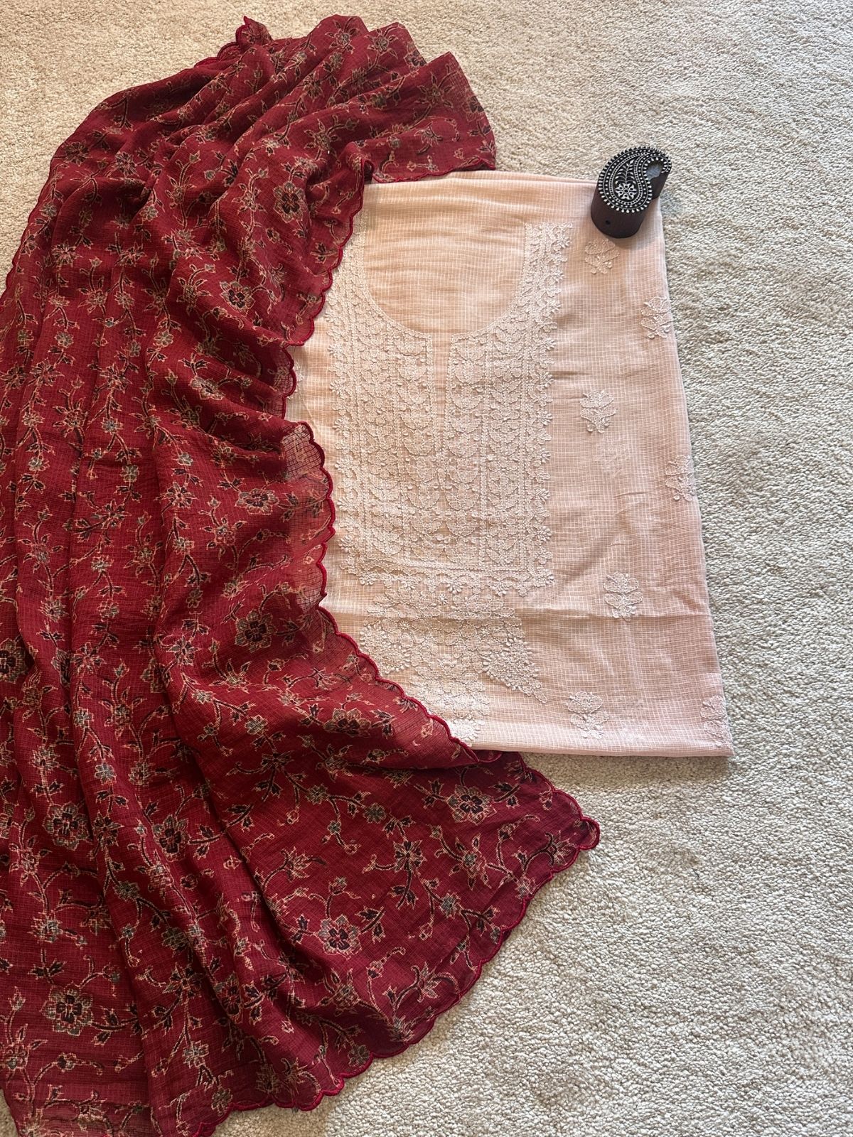 Chikankari Hand Embroidered Fabric with Ajrak Hadblocked Kota Dupatta