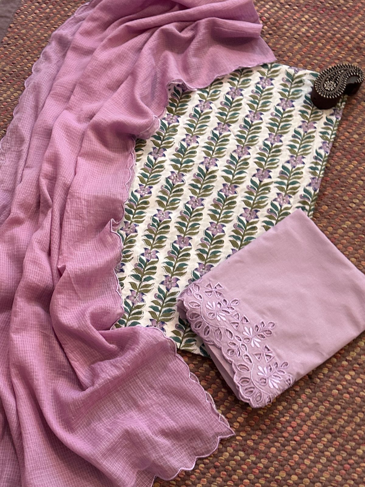 Pure Cotton Hand-blocked Fabric with Cutwork Bottom & Kota Doria Dupatta