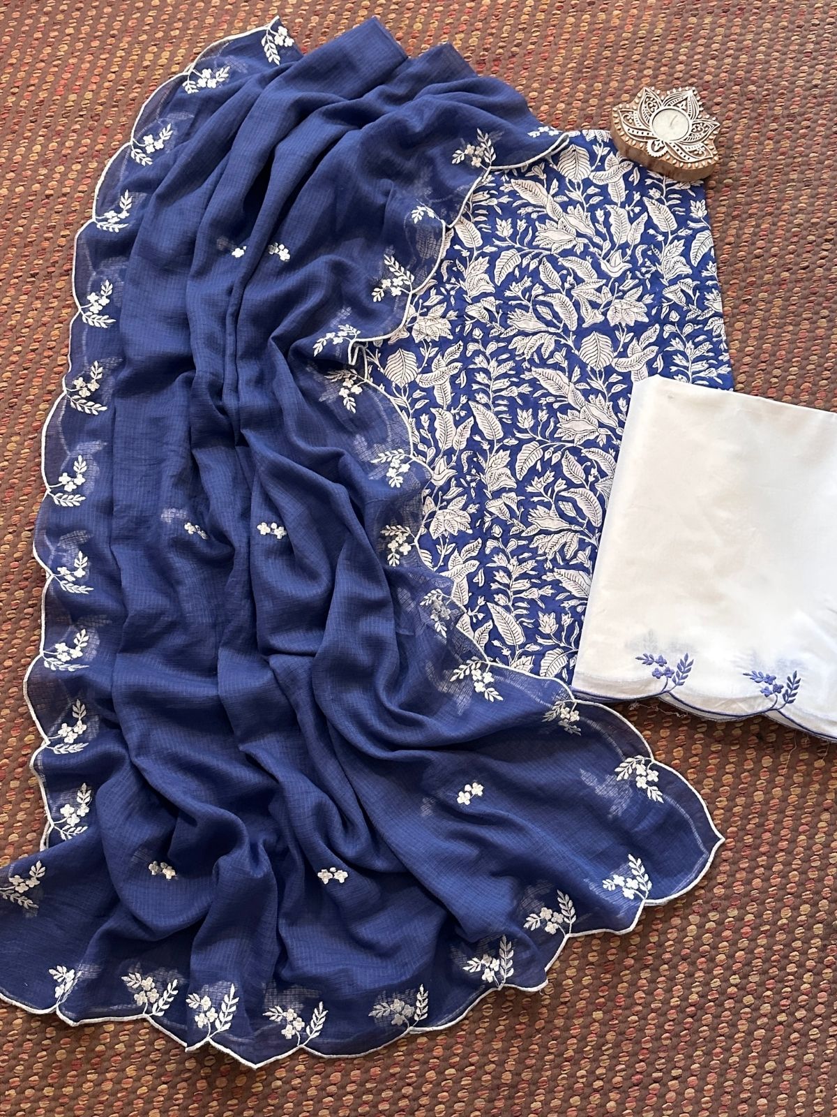 Pure Cotton Hand-block Fabric with Embroidered Bottom & Kota Doria Dupatta