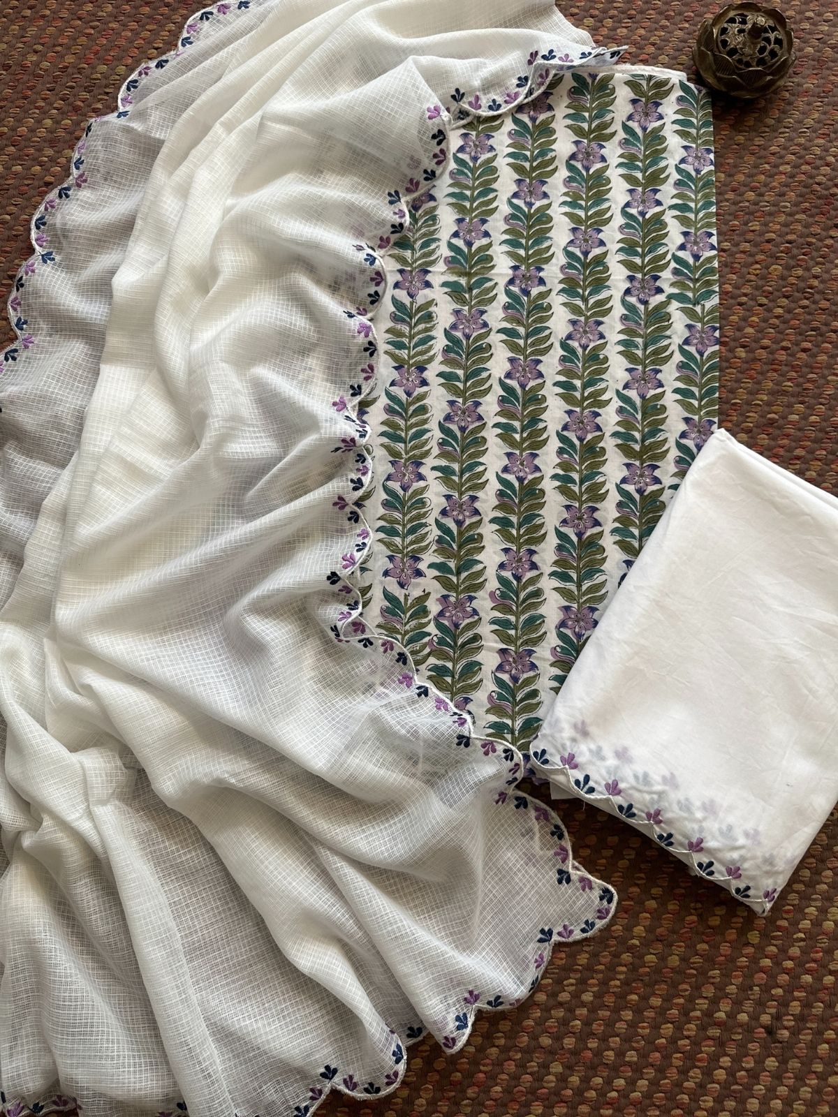 Pure Cotton Hand blocked Set with Embroidered Dupatta