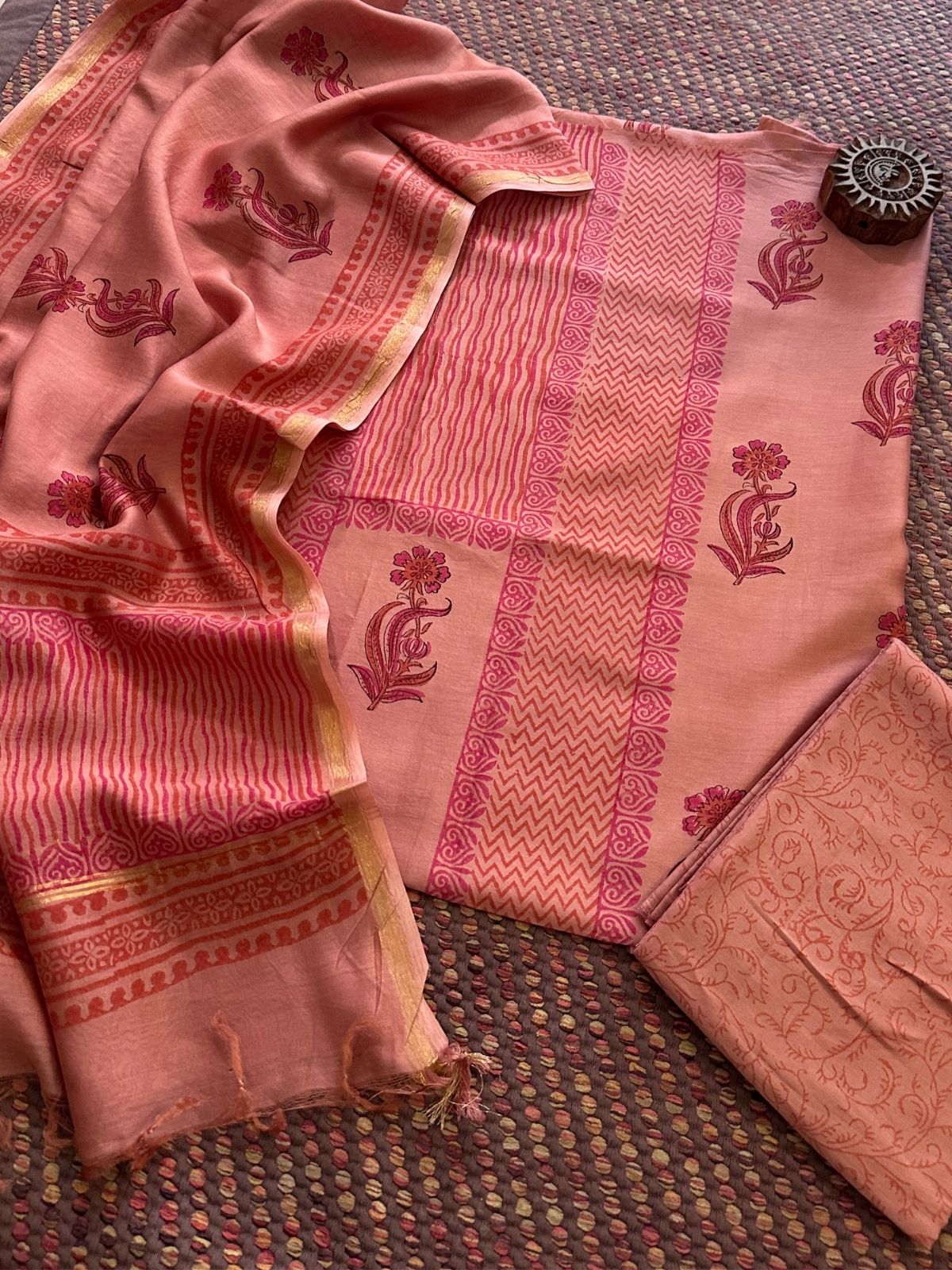 Hand-blocked Maheswari Unstitched Set