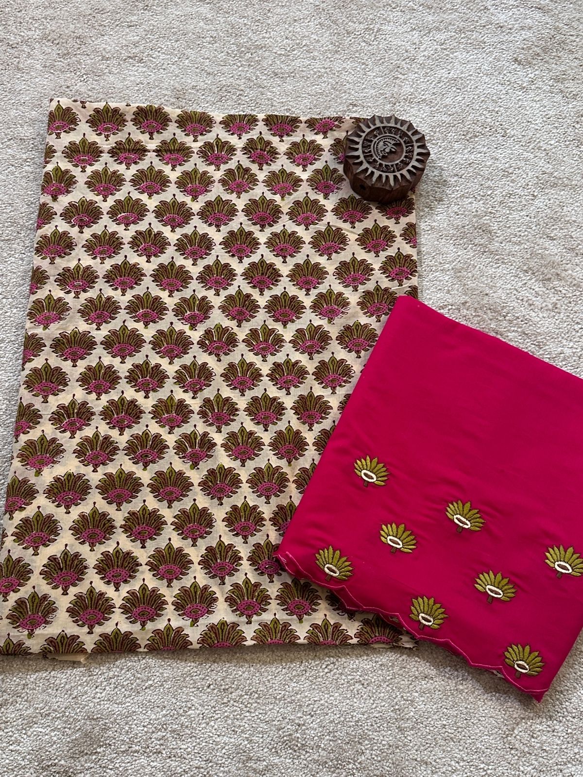 Pure Cotton Hand-blocked Fabric with Embroidered Bottom