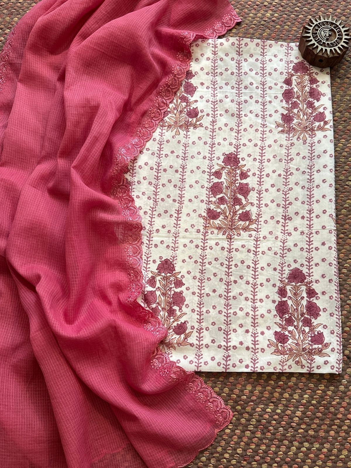 Pure Cotton  Handblock Fabric with Embroidered Kota Dupatta