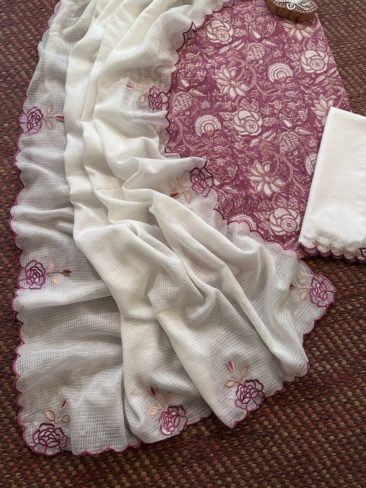 Pure Cotton Hand-block Fabric with Embroidered Bottom & Kota Doria Dupatta