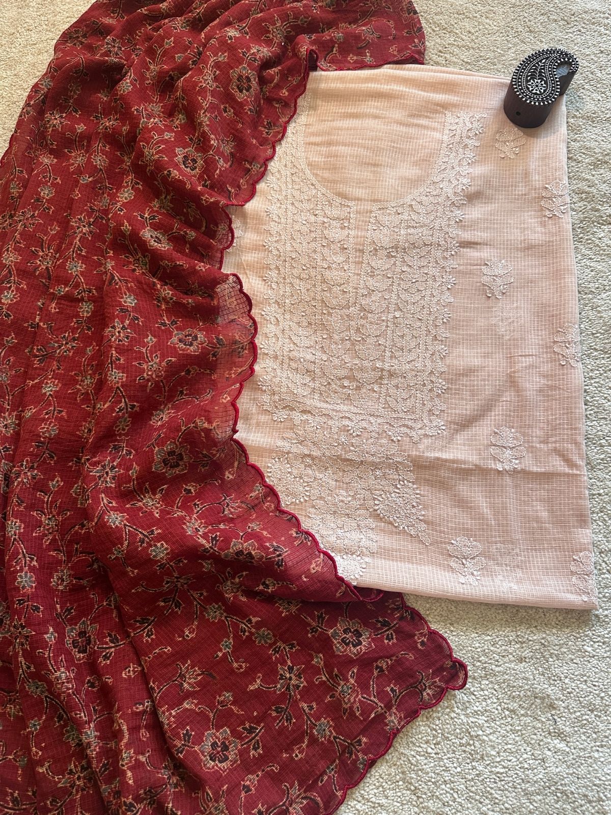 Chikankari Hand Embroidered Fabric with Ajrak Hadblocked Kota Dupatta
