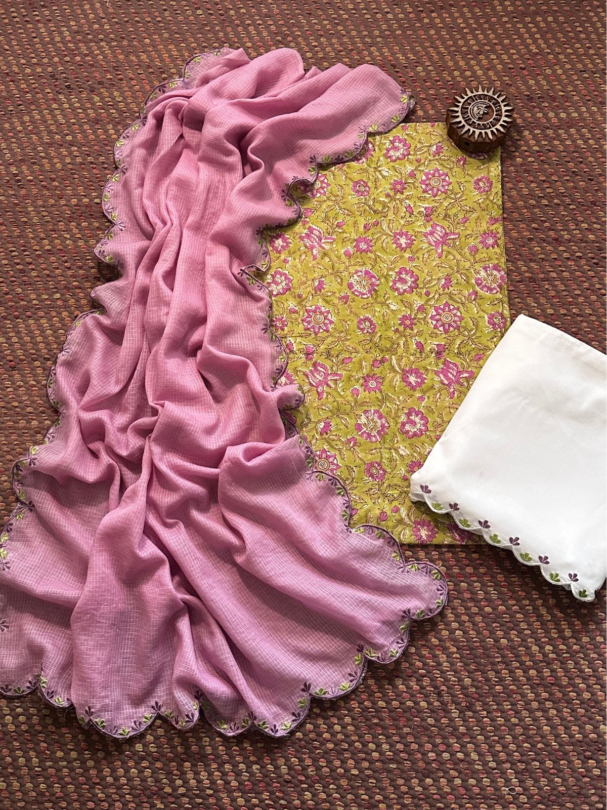 Pure Cotton Hand-block Fabric with Embroidered Bottom & Kota Doria Dupatta