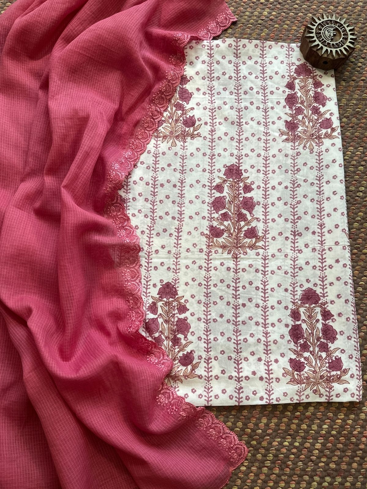 Pure Cotton  Handblock Fabric with Embroidered Kota Dupatta