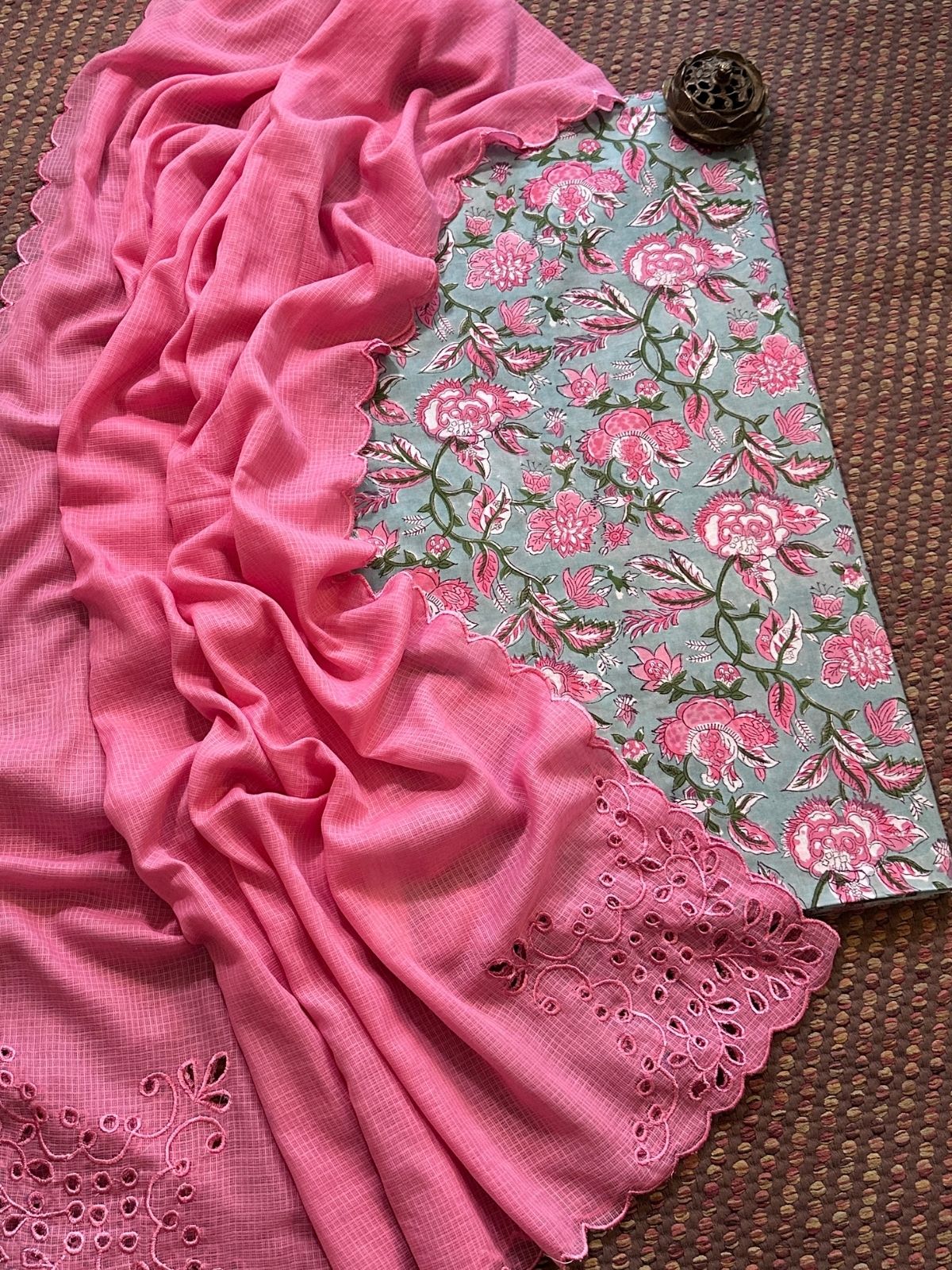 Pure Cotton Hand-blocked Fabric Set with Cutwork Kota Doria Dupatta