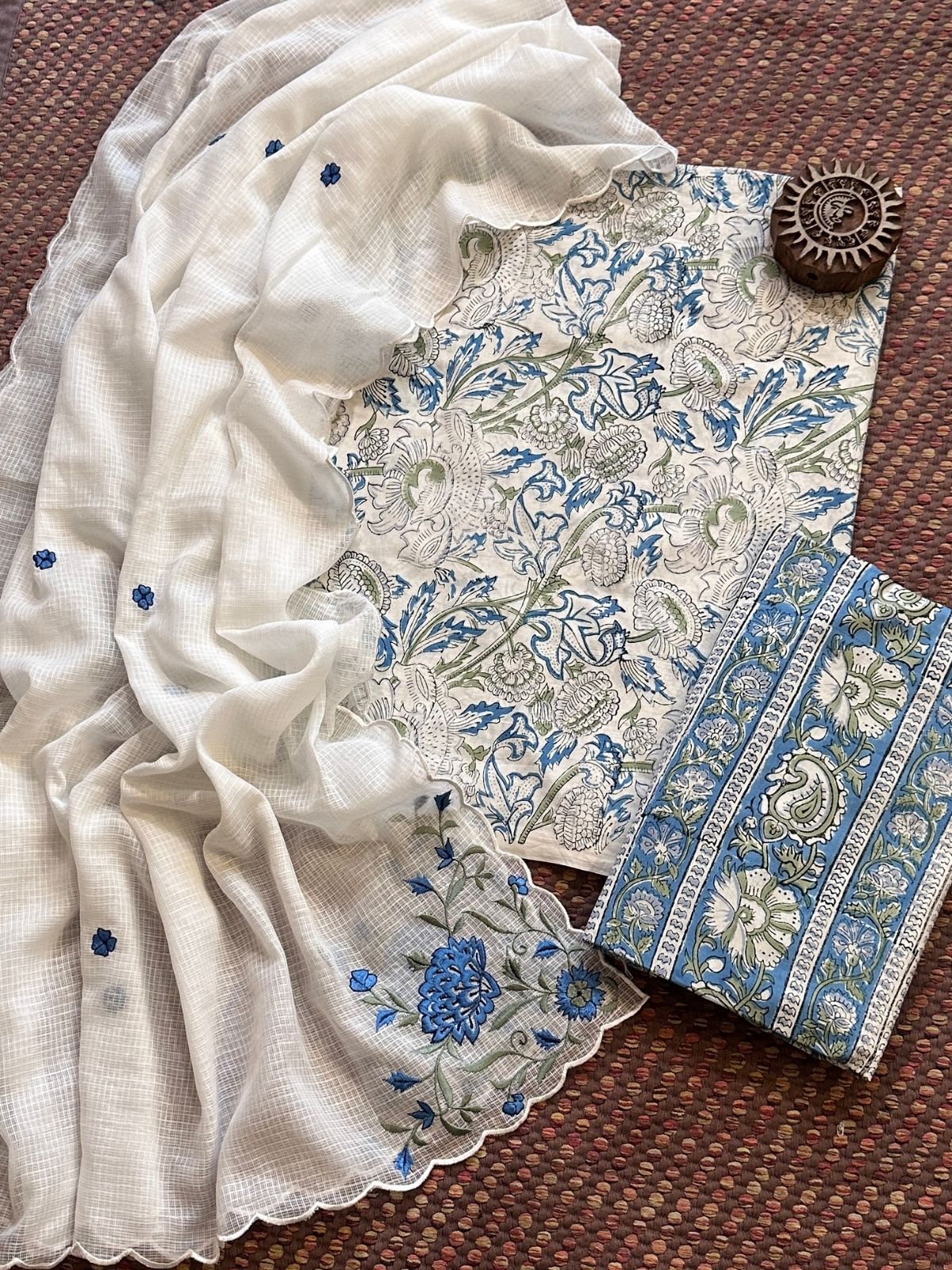 Pure Cotton Handblock Fabric with Embroidered Dupatta