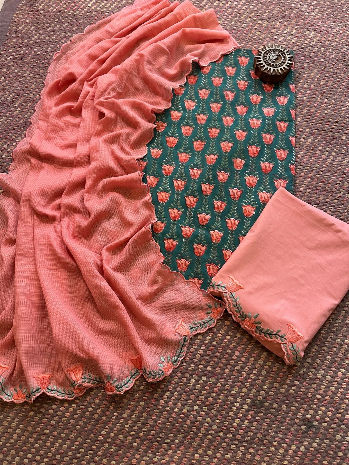 Pure Cotton Hand-block Fabric with Embroidered Bottom & Kota Doria Dupatta