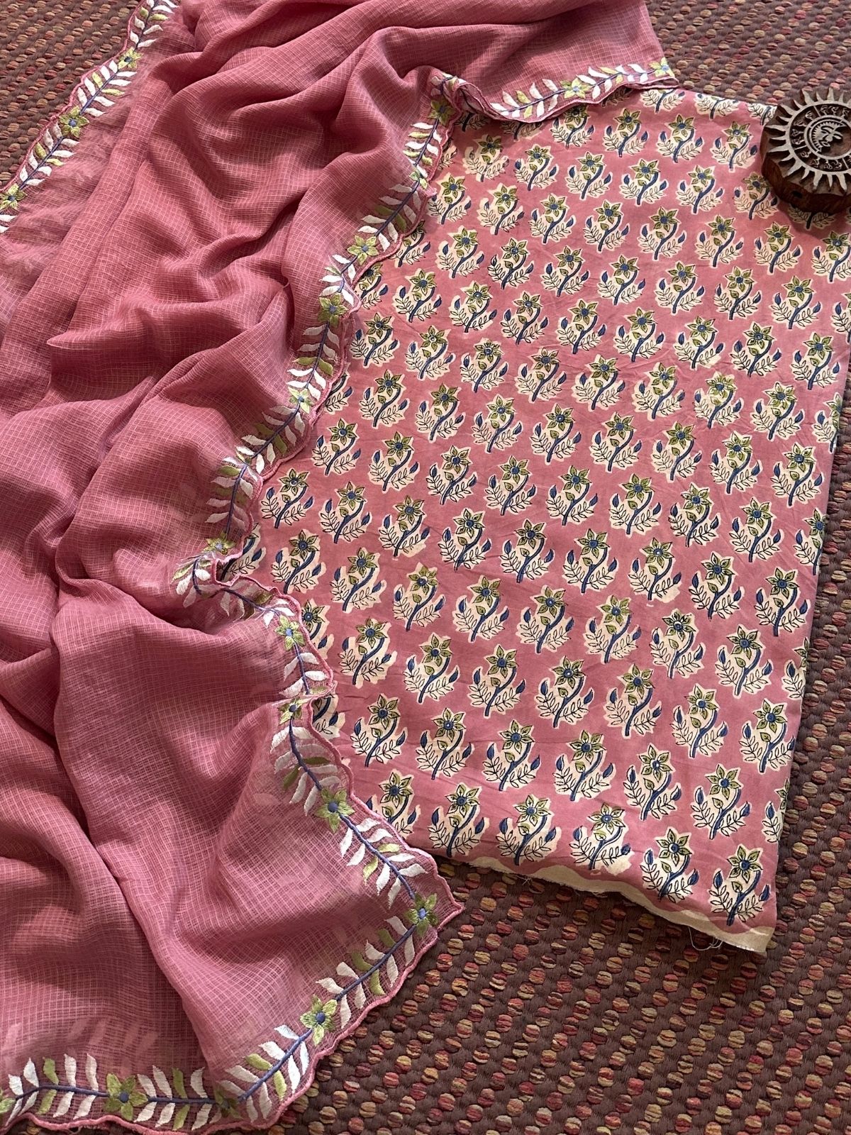 Pure Cotton Hand-blocked fabric with Embroidered Dupatta