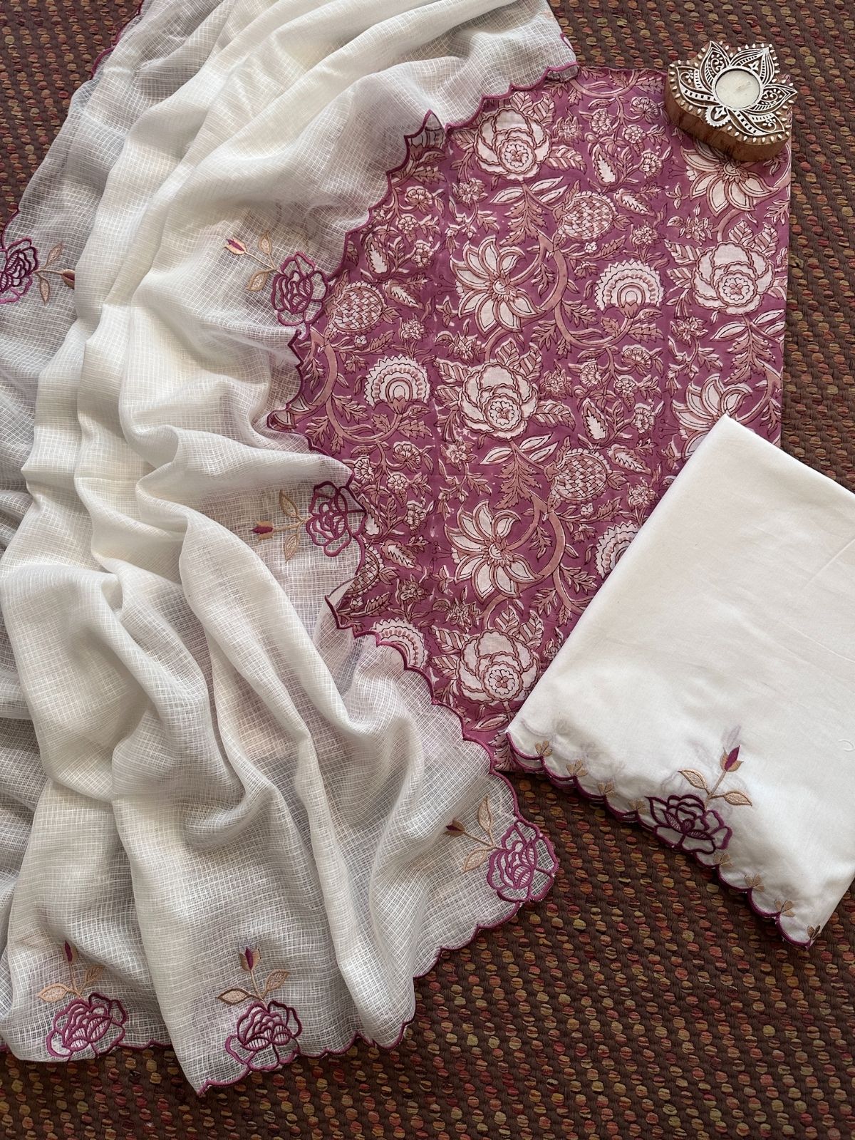 Pure Cotton Hand-block Fabric with Embroidered Bottom & Kota Doria Dupatta