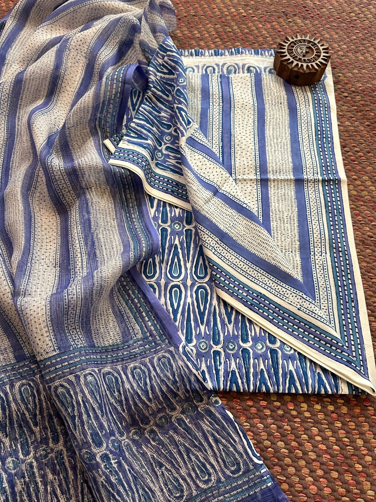 Pure Handblcoked Cotton Unstitched Set with Handblocked Kota Dupatta