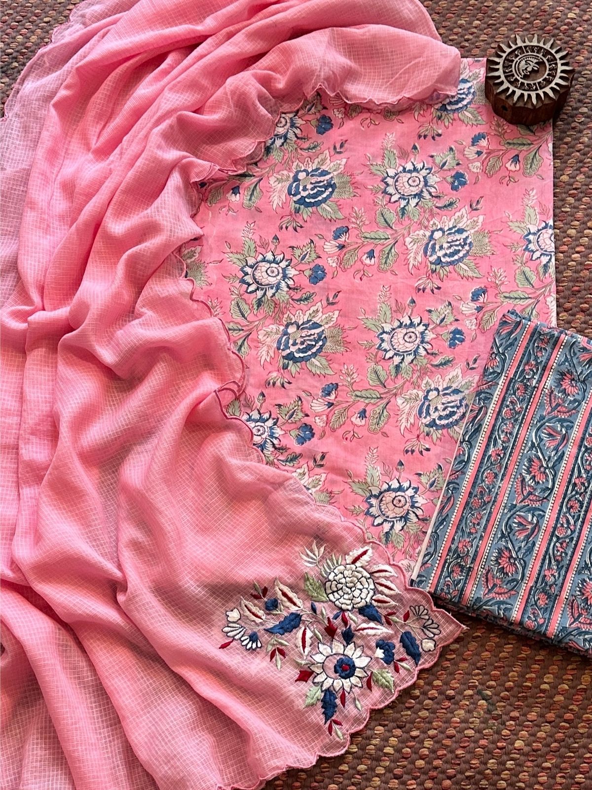 Pure Cotton Handblock Fabric with Embroidered Dupatta