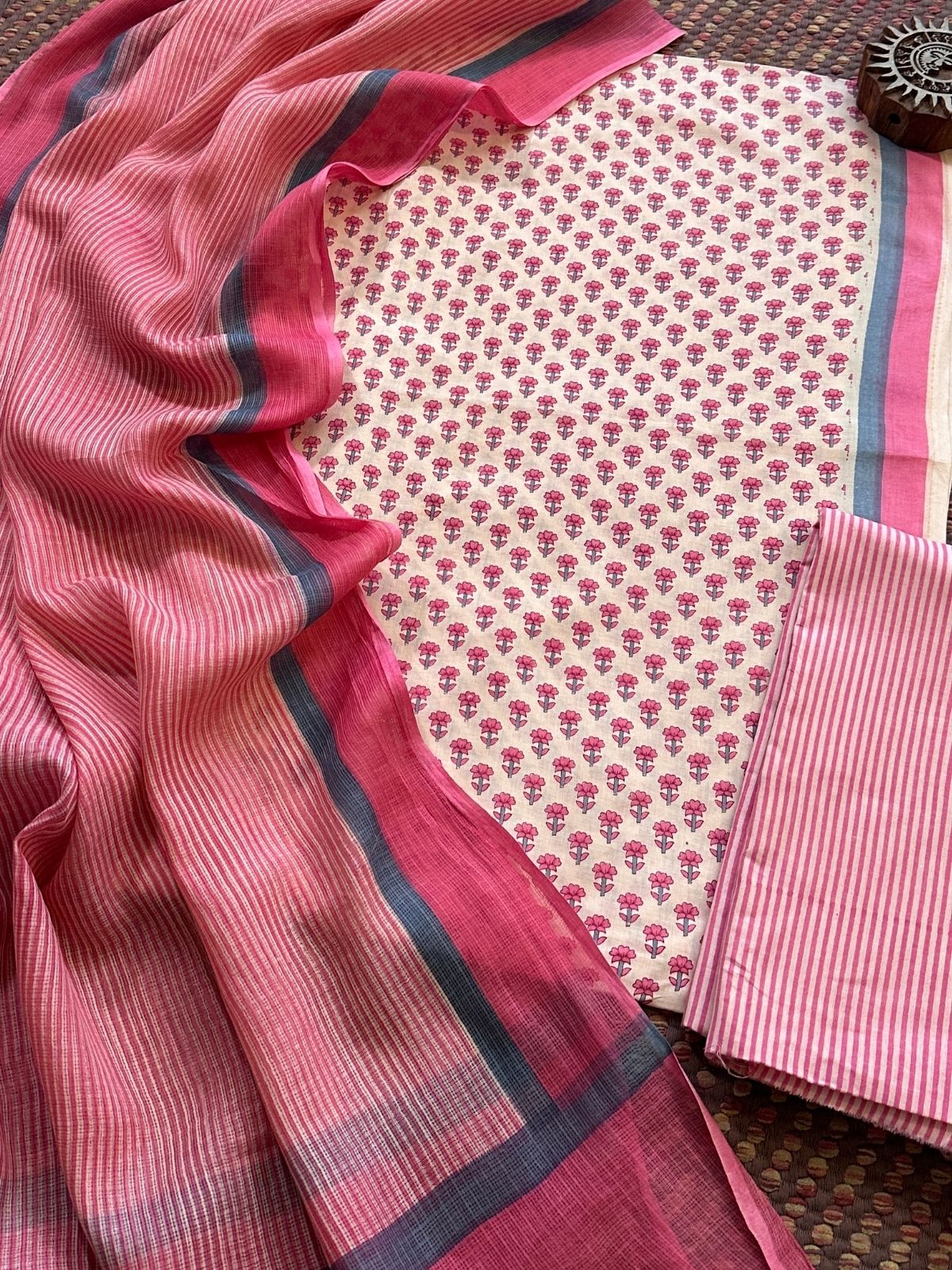 Pure Cotton Unstitched Set with Kota Dupatta