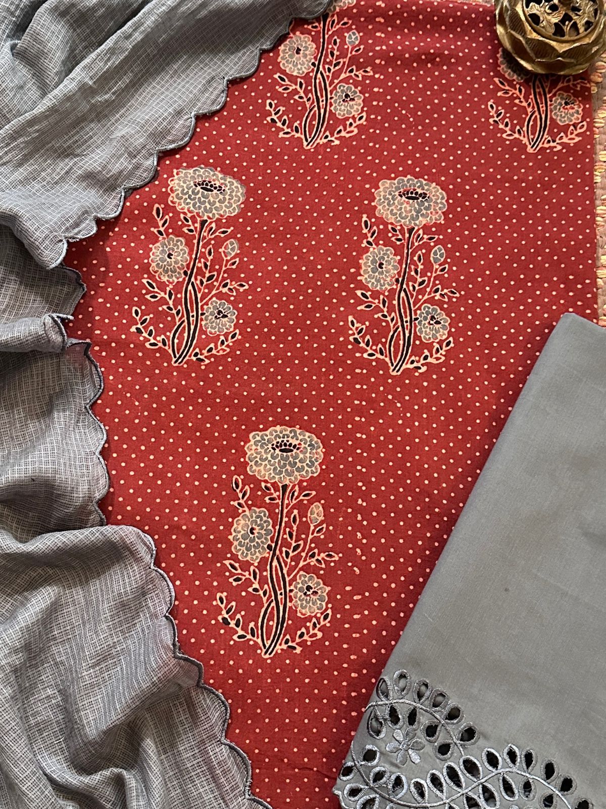 Pure Cotton Mul Ajrak with Scalloped Dupatta & Cutwork Bottom