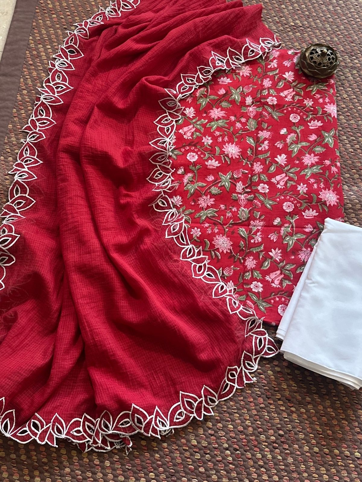 Pure Cotton Handblock Fabric  Set with Cutwork Embroidered Dupatta