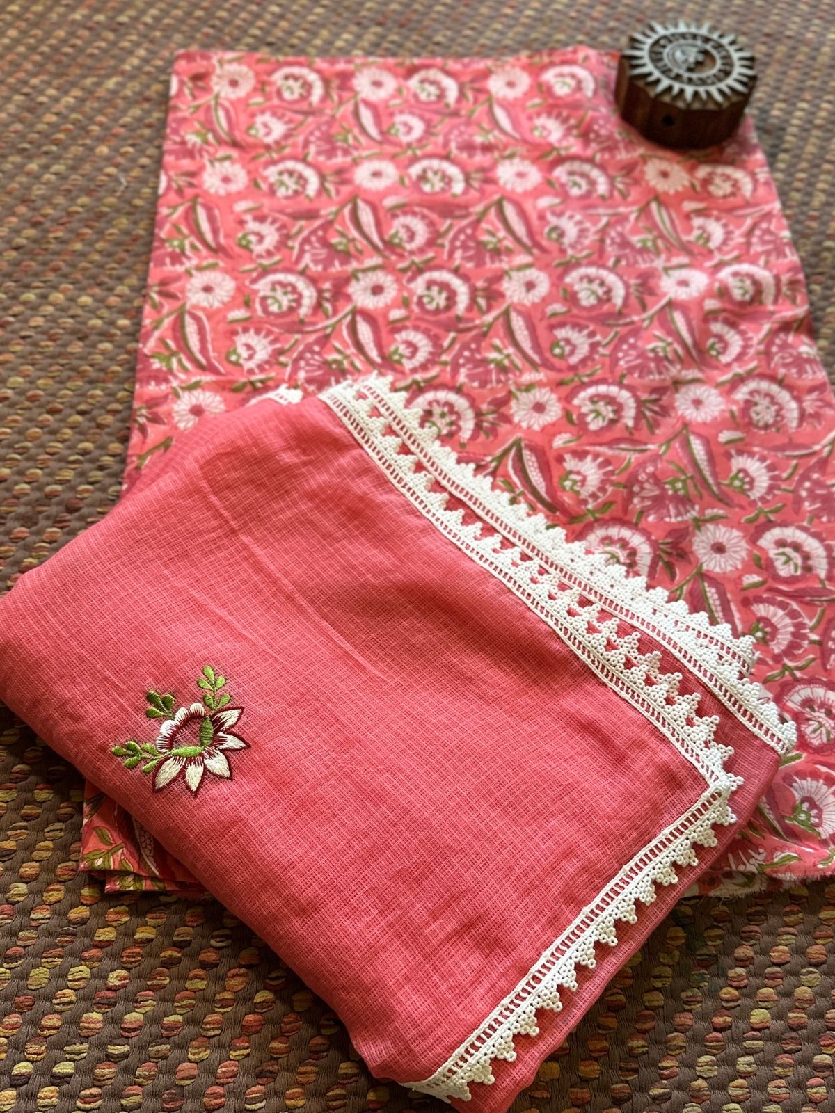 Pure Cotton Handblocked Fabric with Embroidered Kota Dupatta