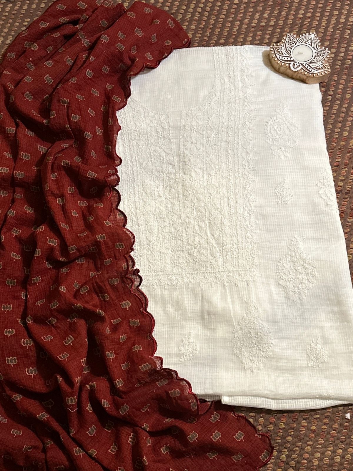 Chikankari Hand Embroidered Fabric with Ajrak Hadblocked Kota Dupatta