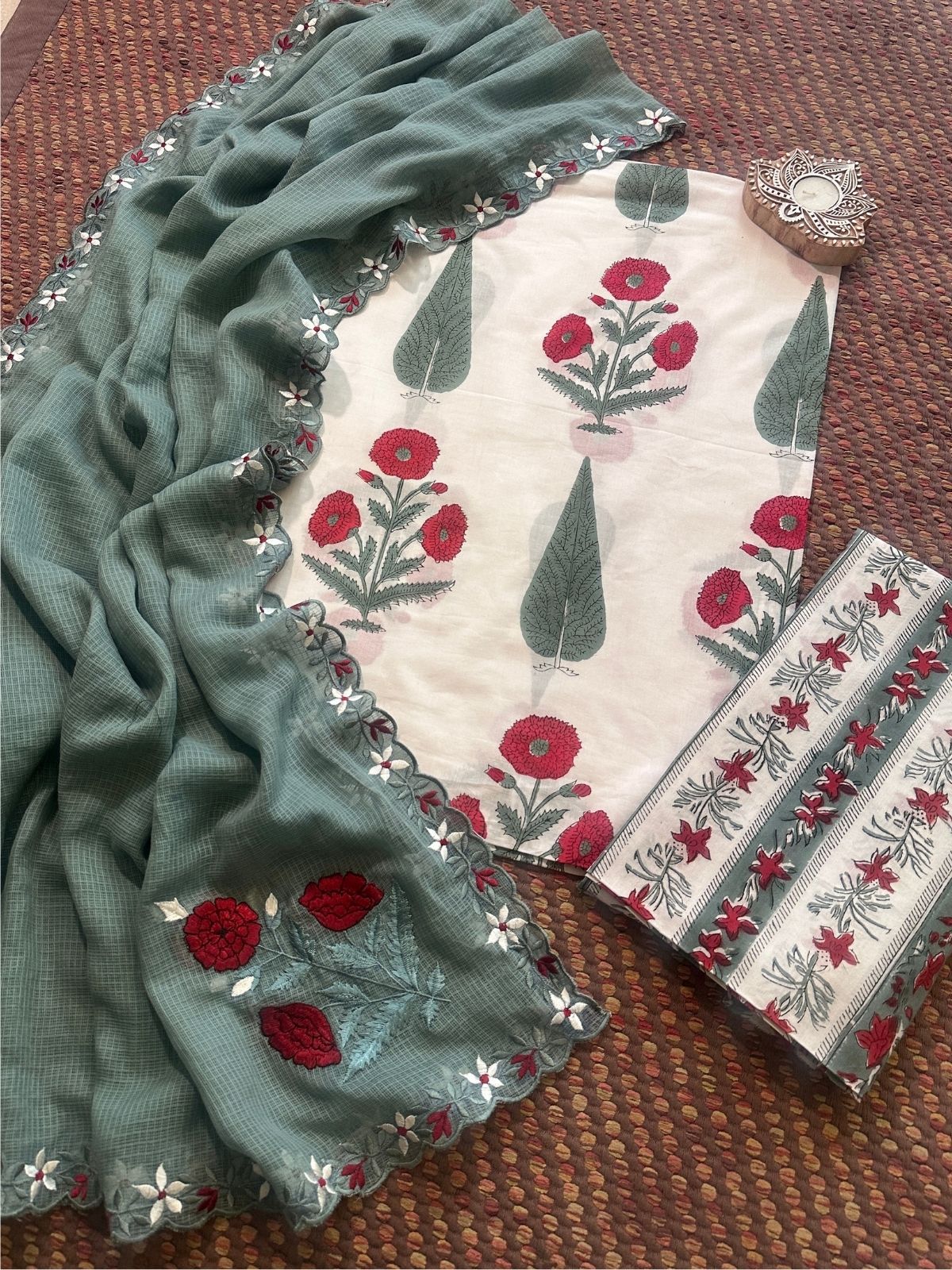 Pure Cotton  Hand blocked Set with Embroidered Dupatta