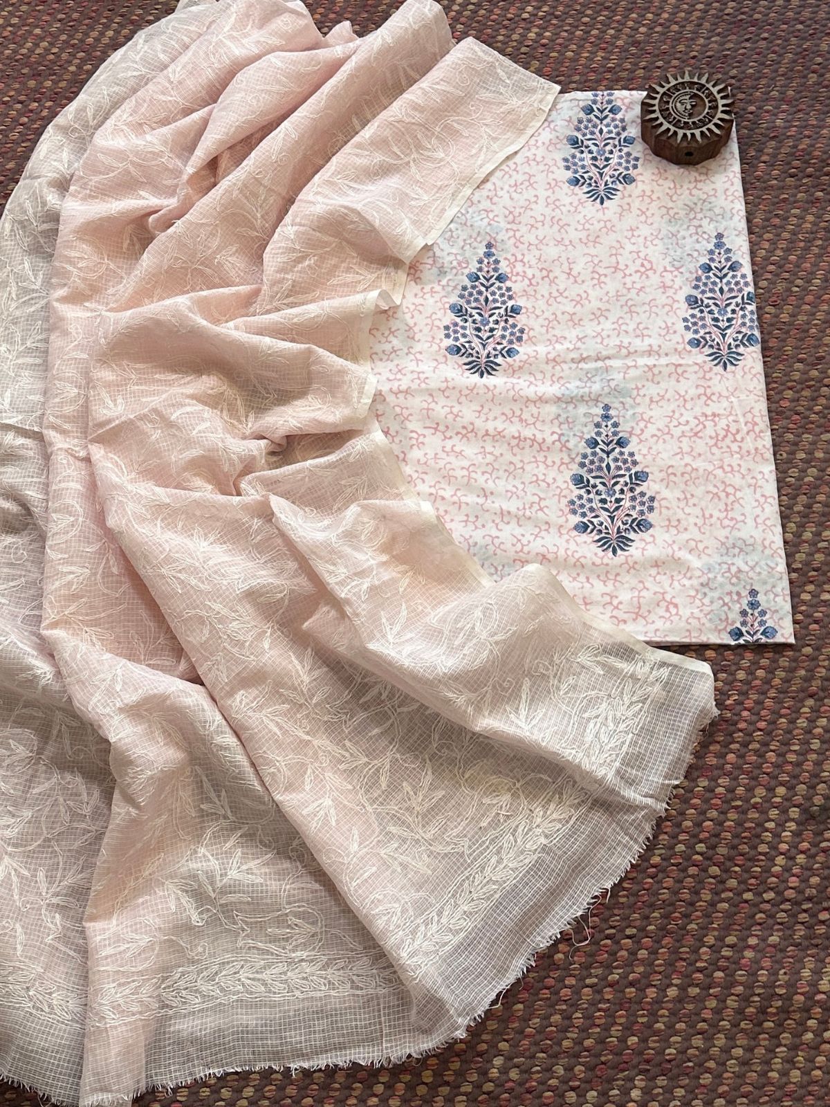 Pure Cotton Hand Blocked Fabric with Chikankari Dupatta