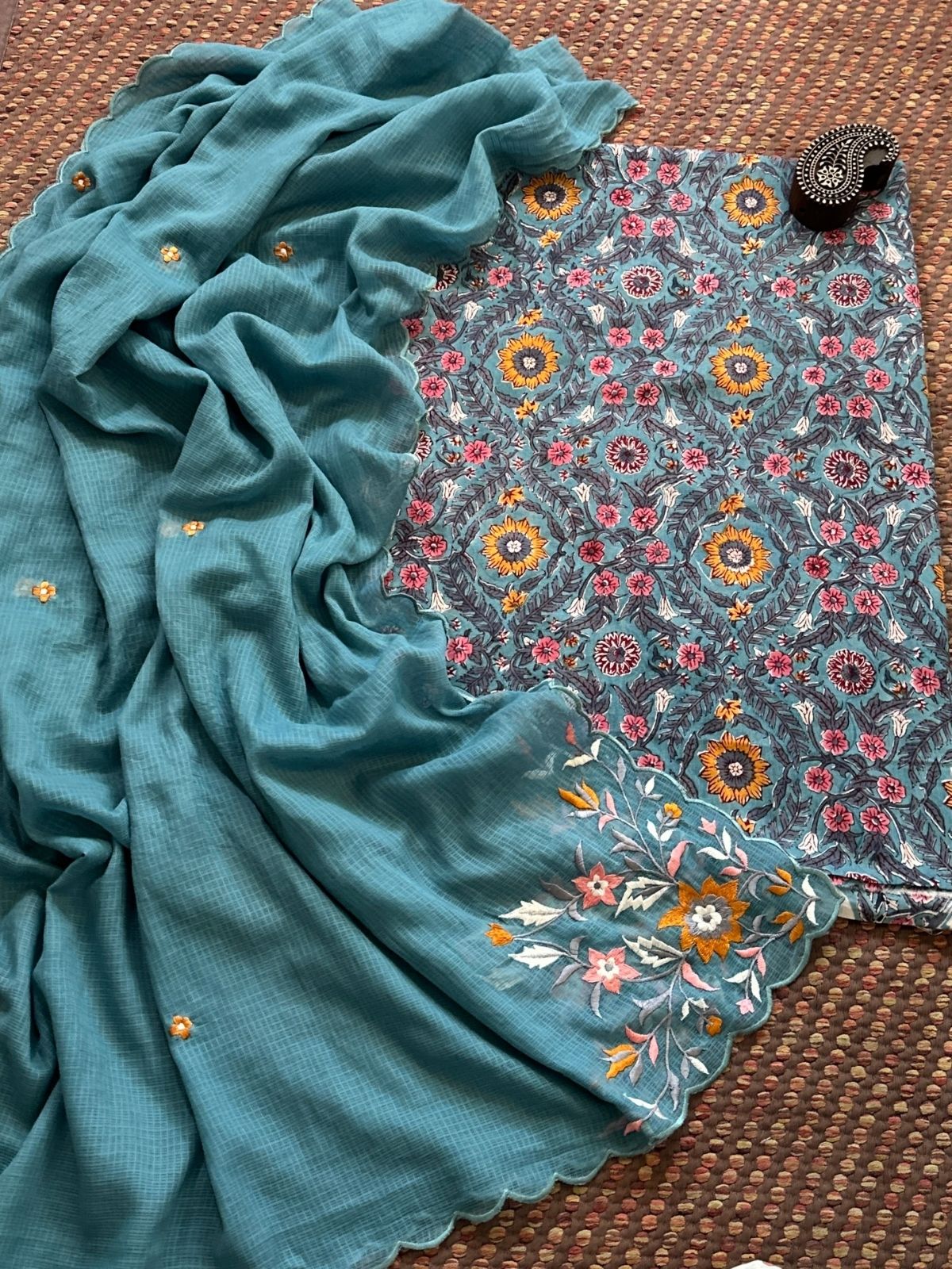 Pure Cotton Malmal Handblock Fabric with Exclusive Embroidered Dupatta
